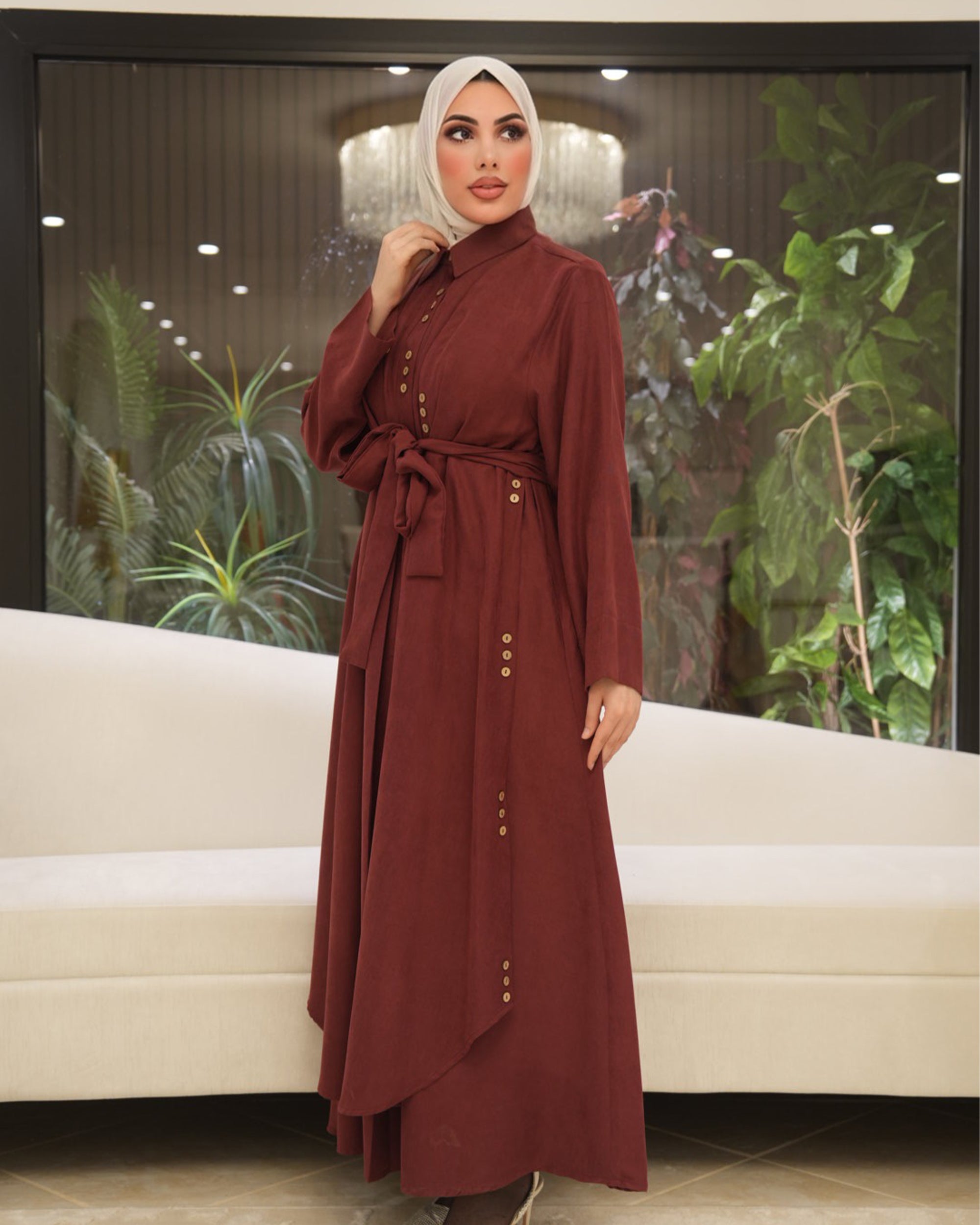 Chamois & Silk Belted Dress – Burgundy