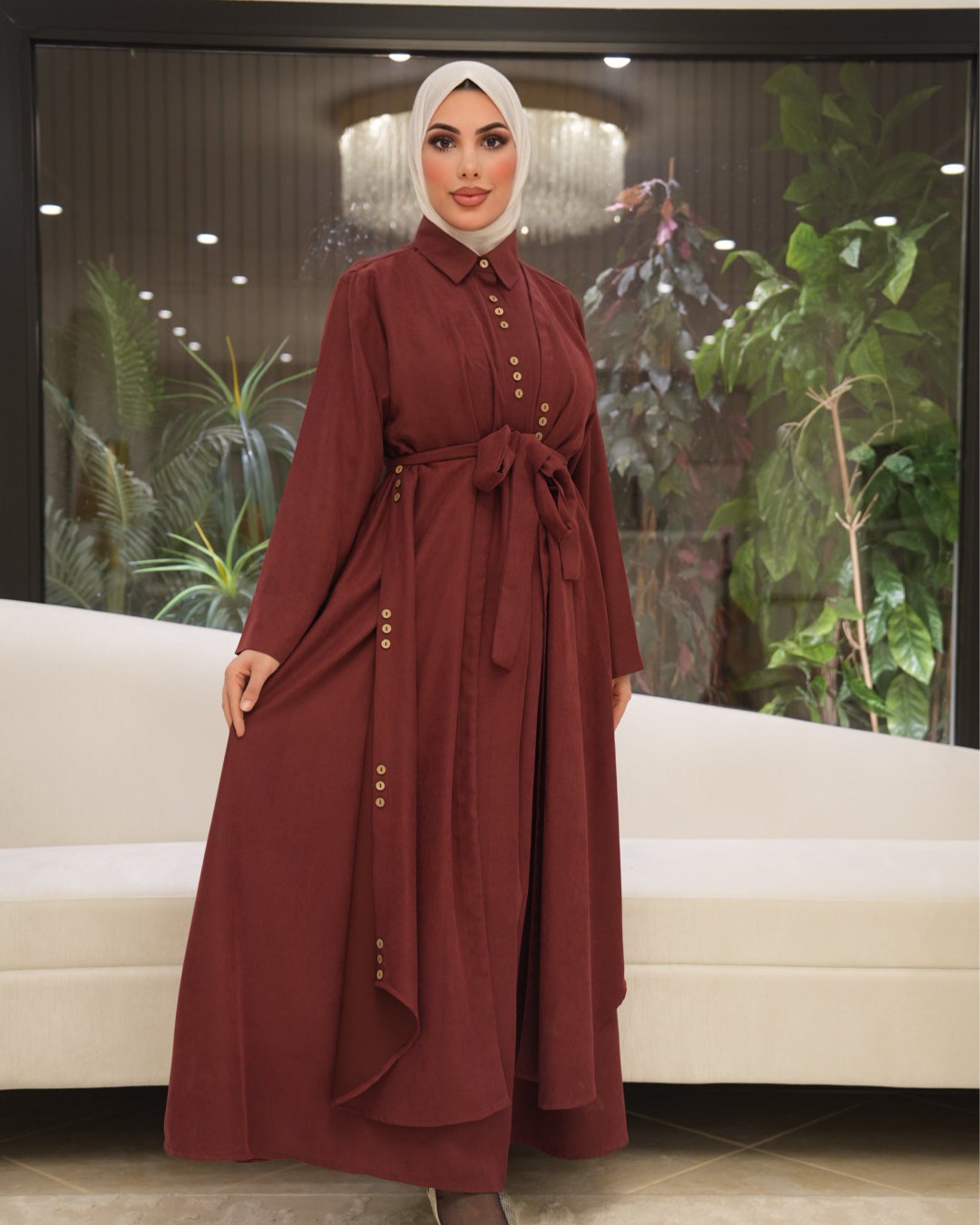 Chamois & Silk Belted Dress – Burgundy