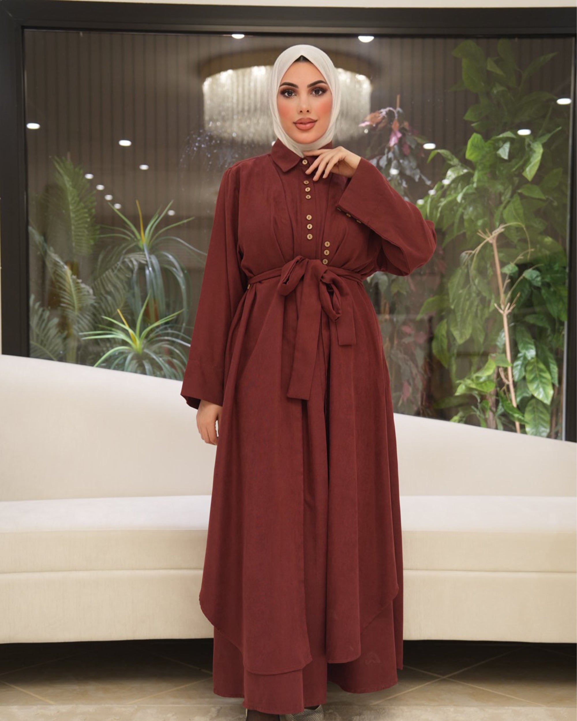 Chamois & Silk Belted Dress – Burgundy