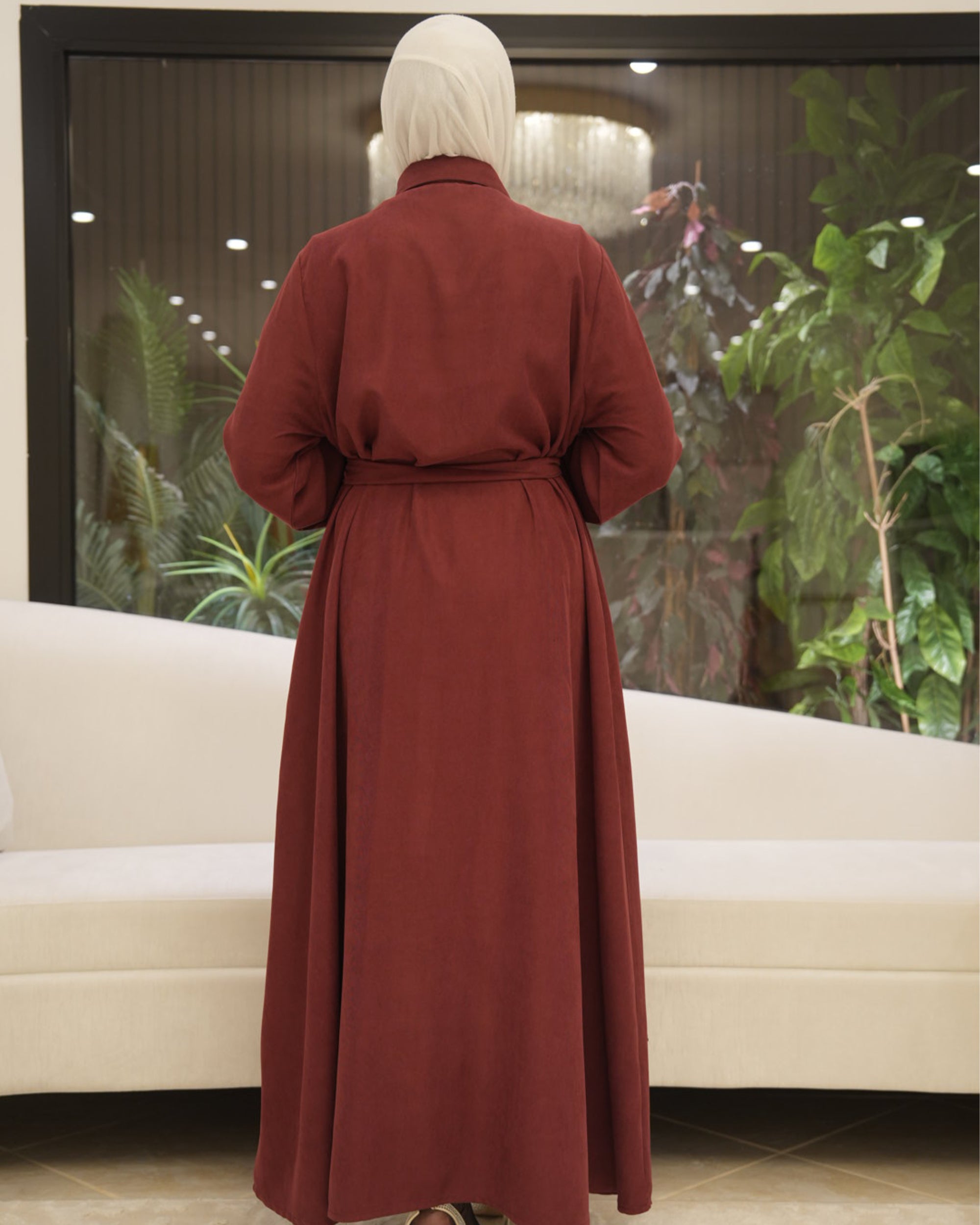 Chamois & Silk Belted Dress – Burgundy