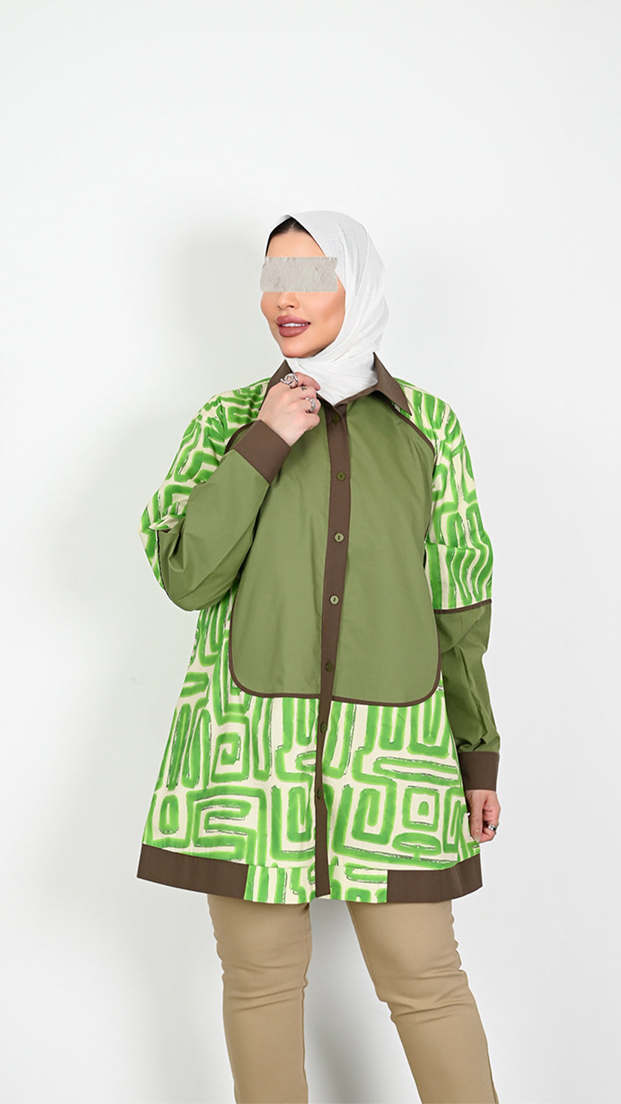 Geometric Poplin Shirt – Green & Brown