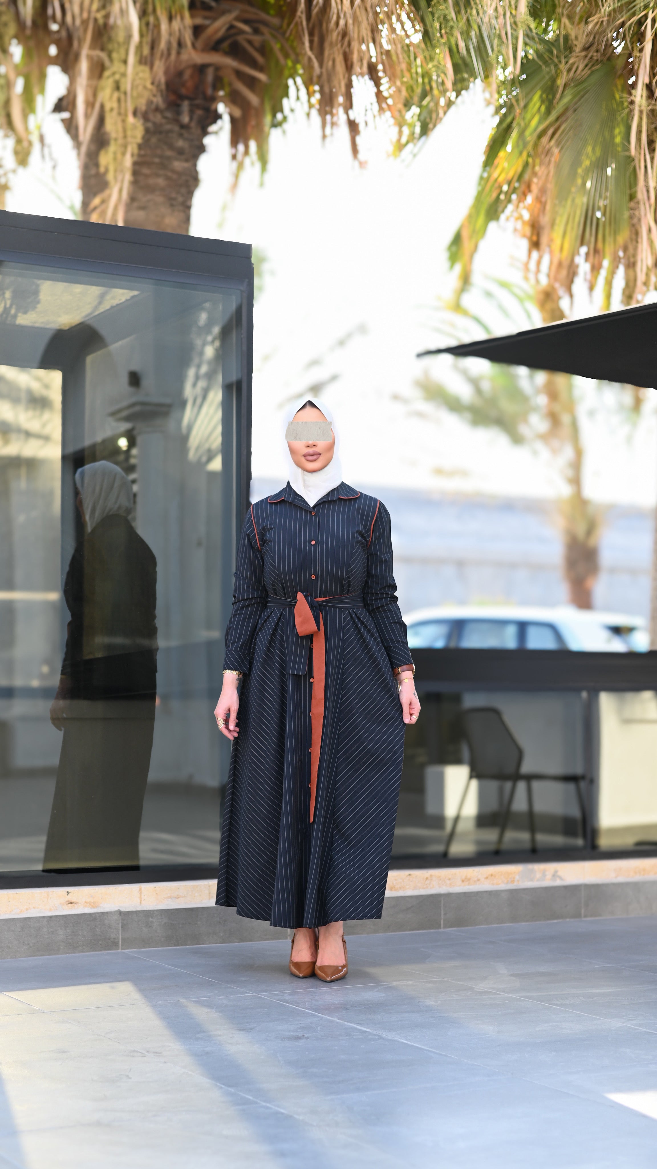 Striped Belted Poplin Navy Long Shirt