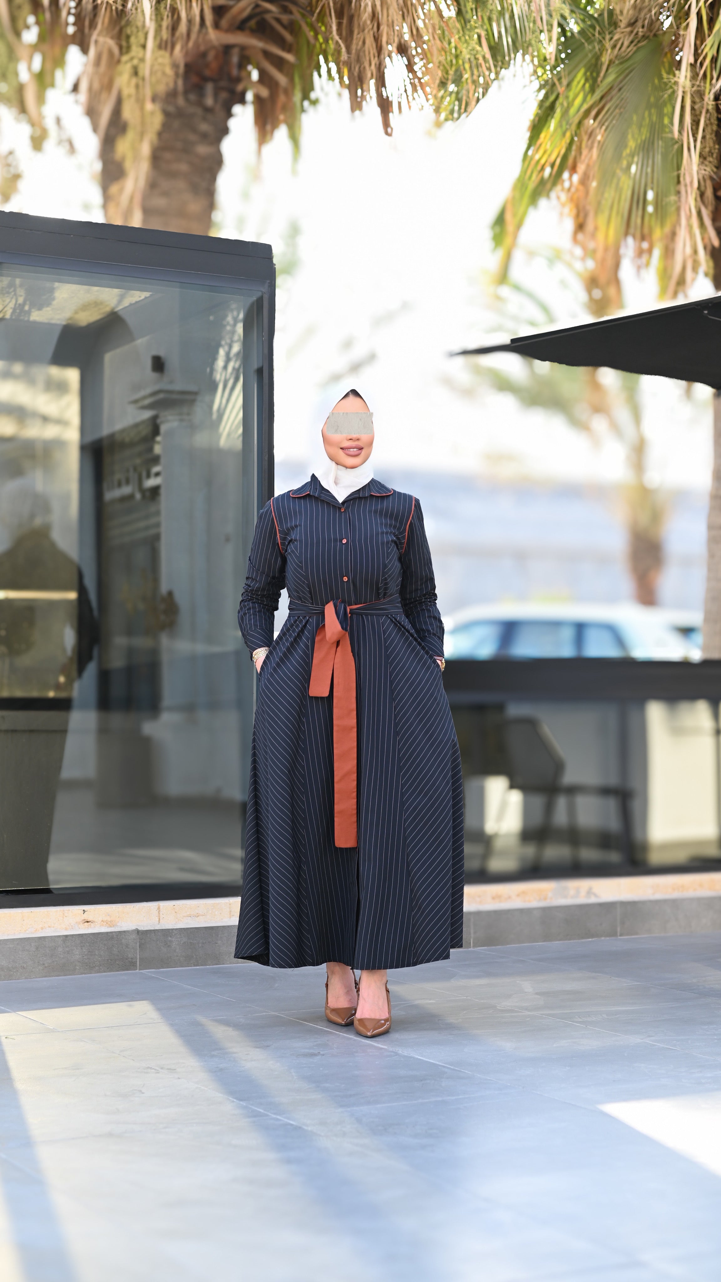 Striped Belted Poplin Navy Long Shirt