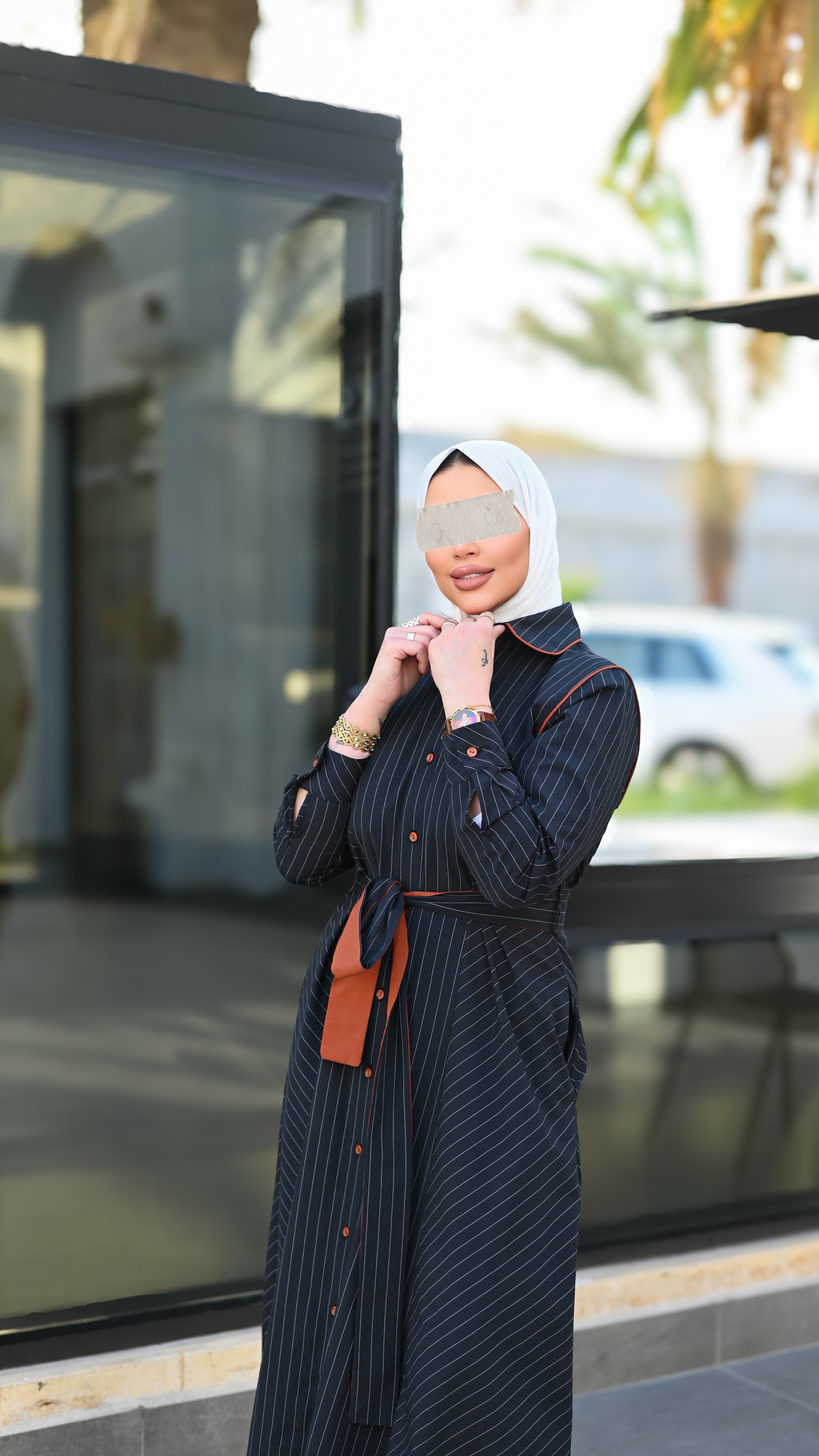 Striped Belted Poplin Navy Long Shirt