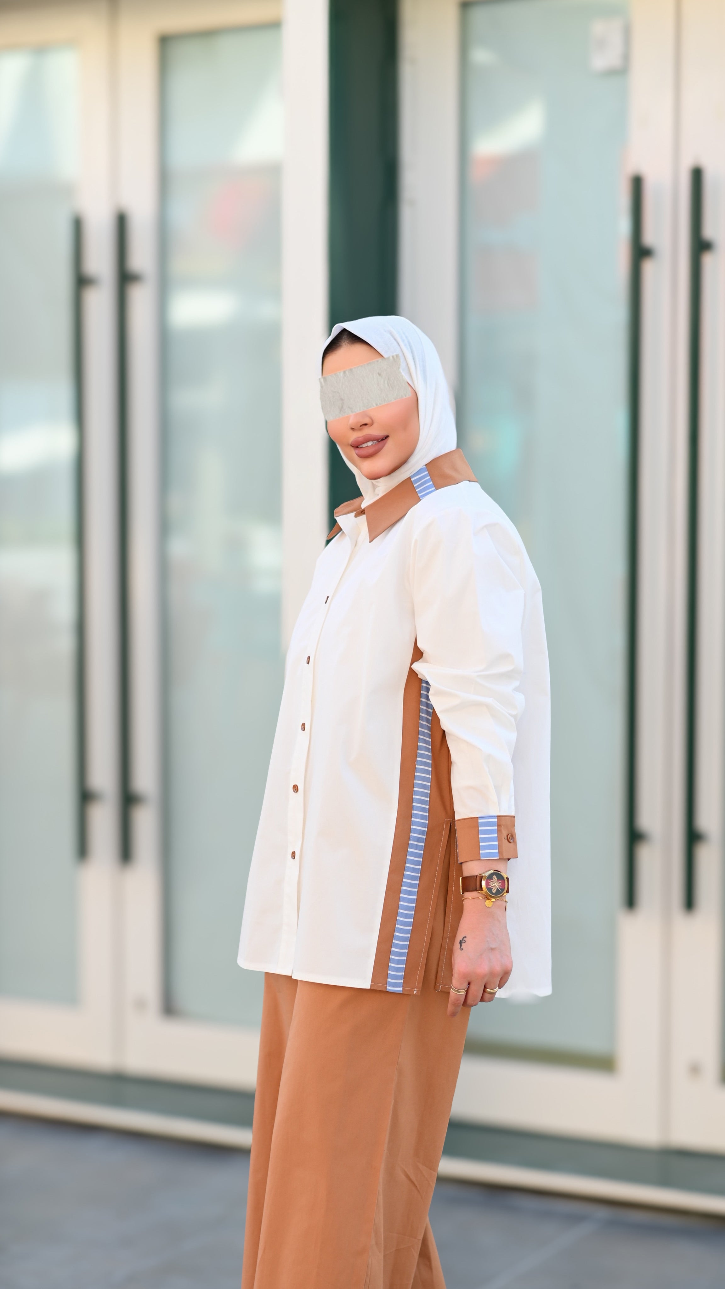 Contrast Detail Poplin Shirt – White & Caramel