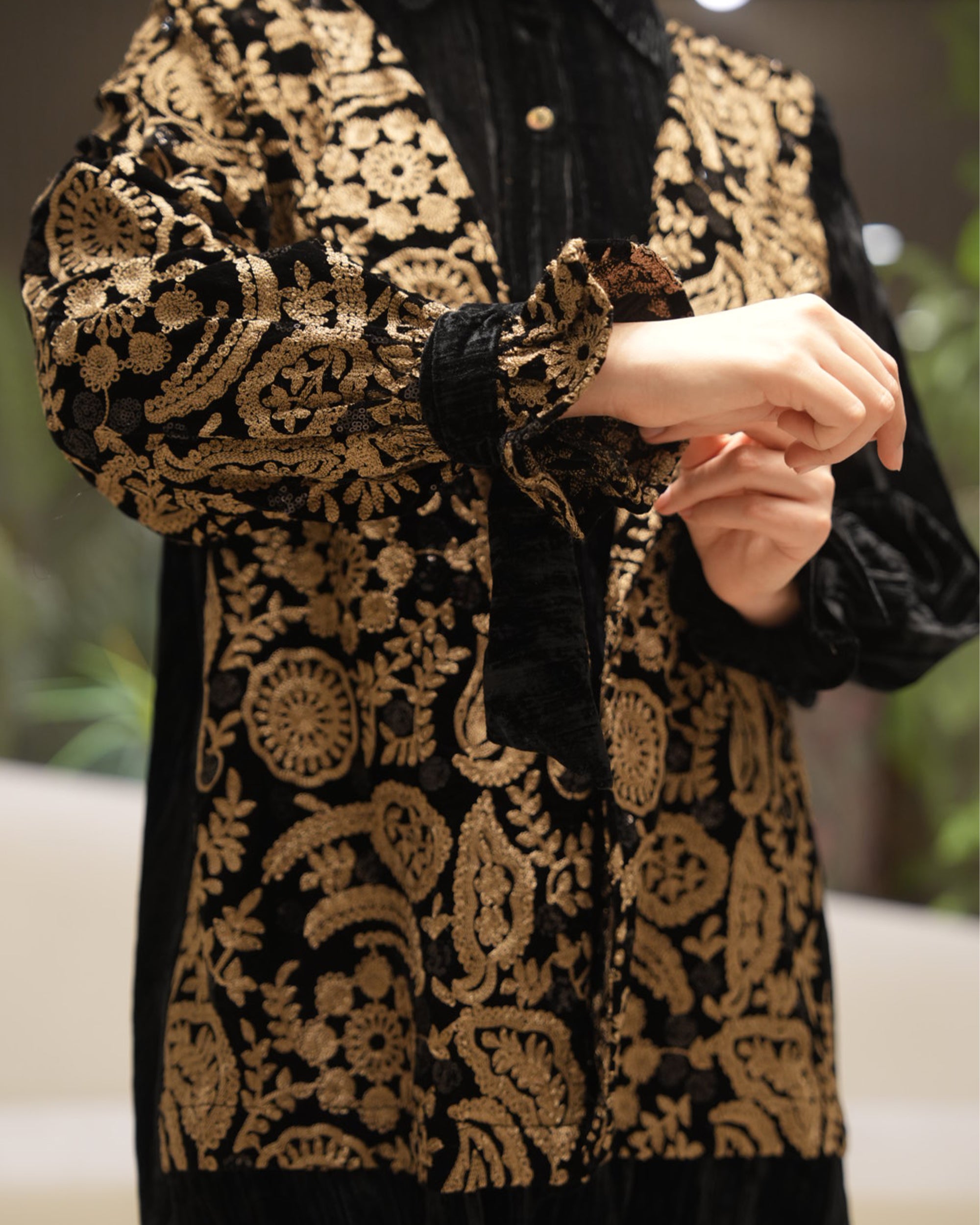 Embroidered Velvet Shirt – Black & Gold