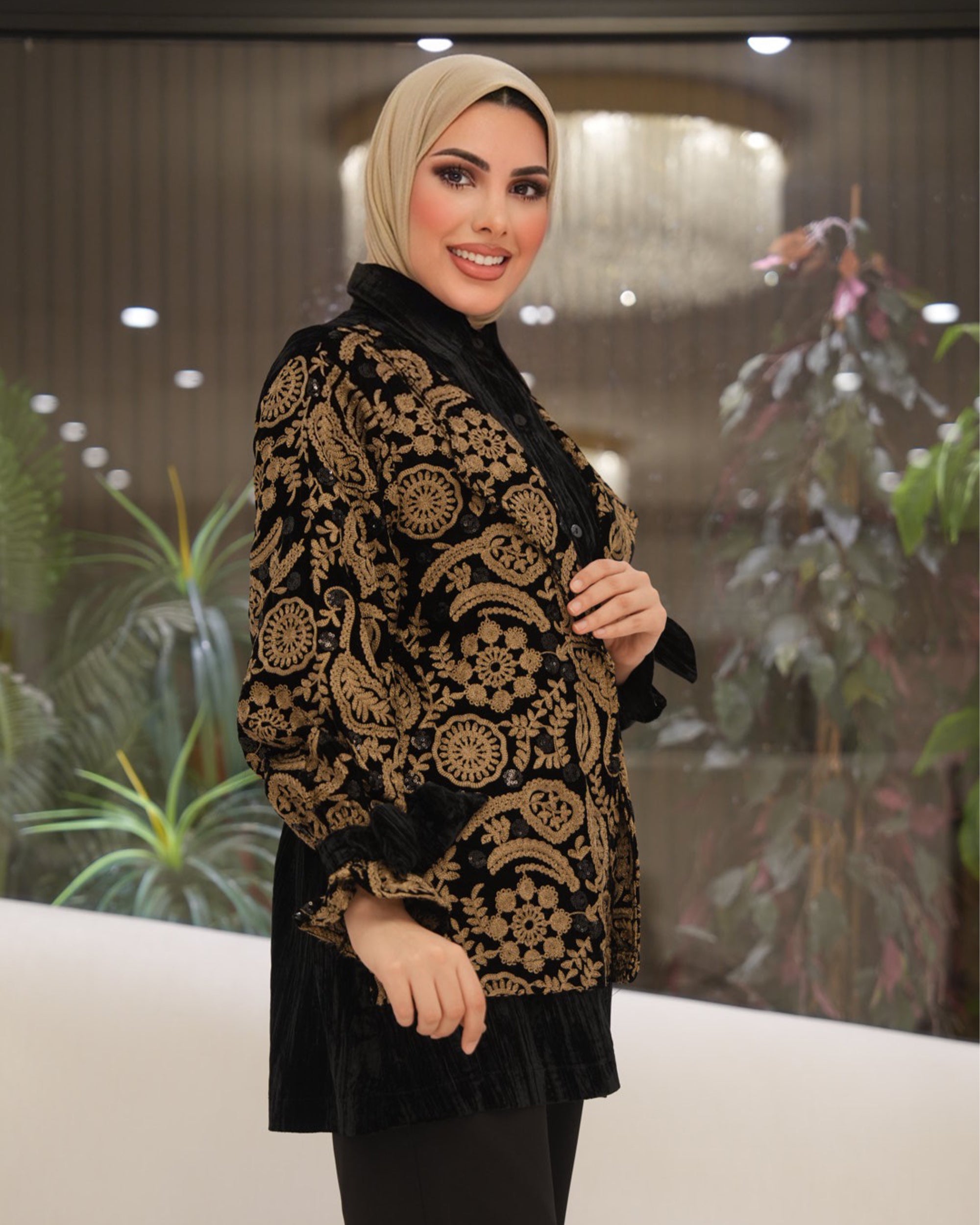 Embroidered Velvet Shirt – Black & Gold