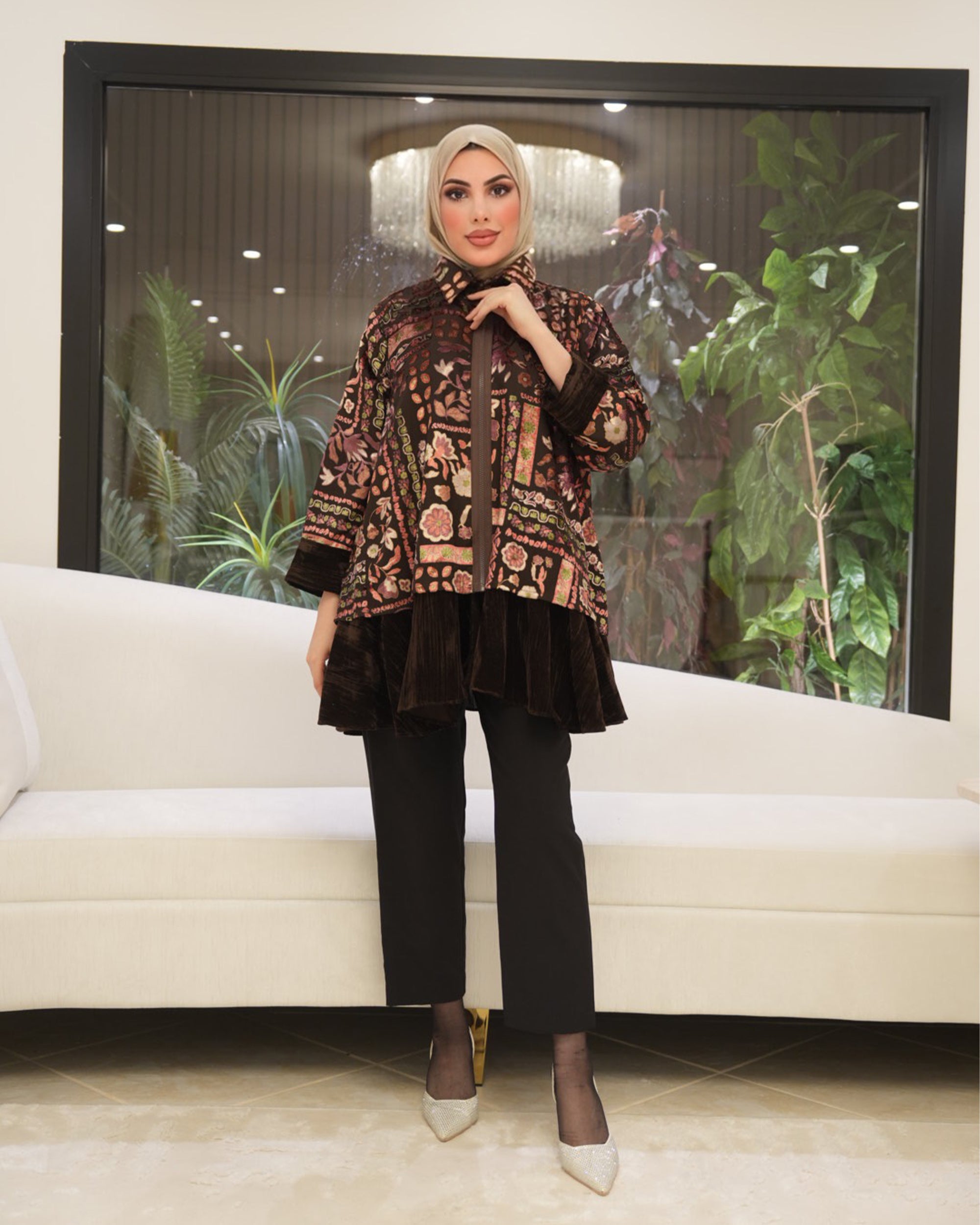 Classic Chiffon Velvet Shirt – Brown Floral