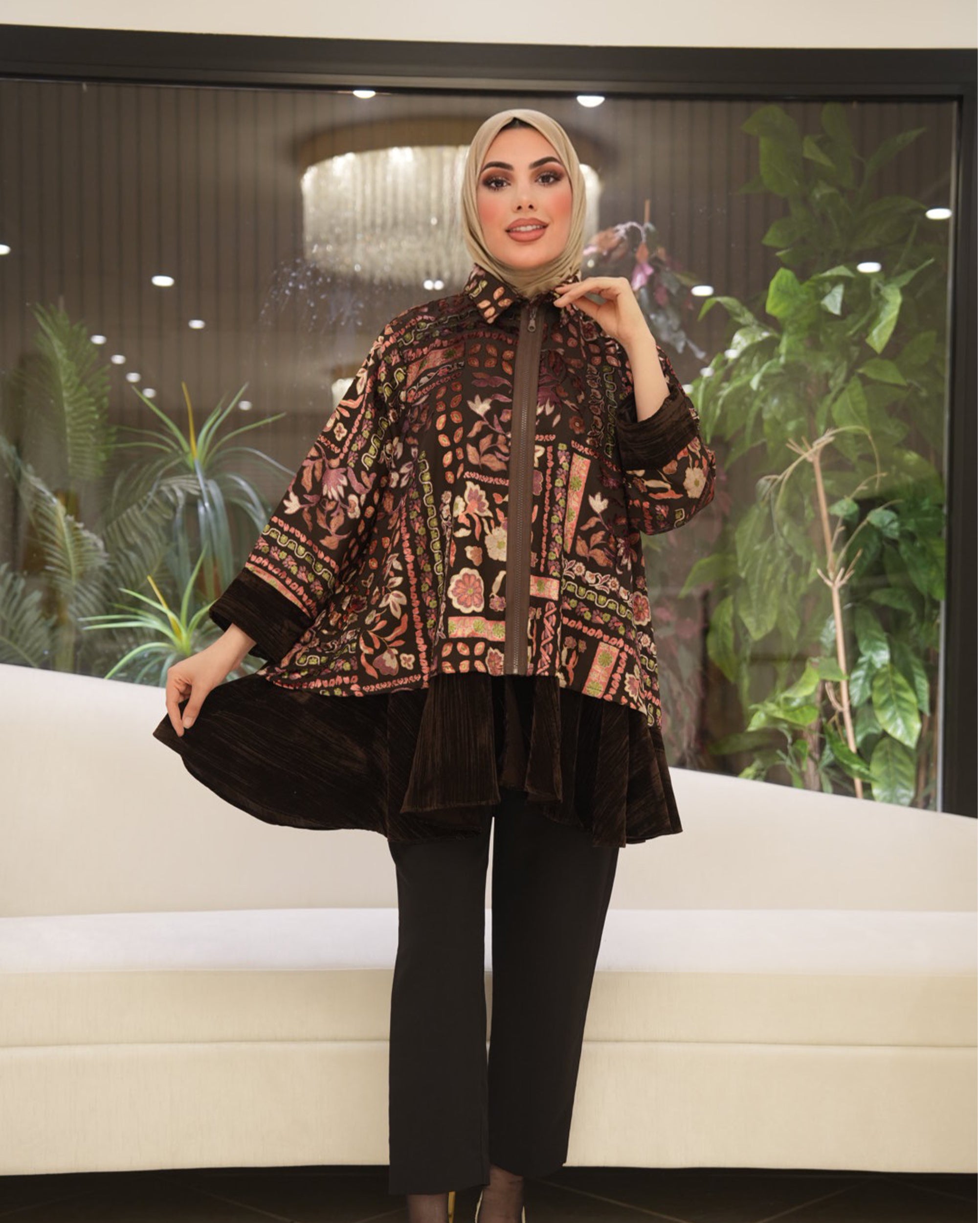 Classic Chiffon Velvet Shirt – Brown Floral