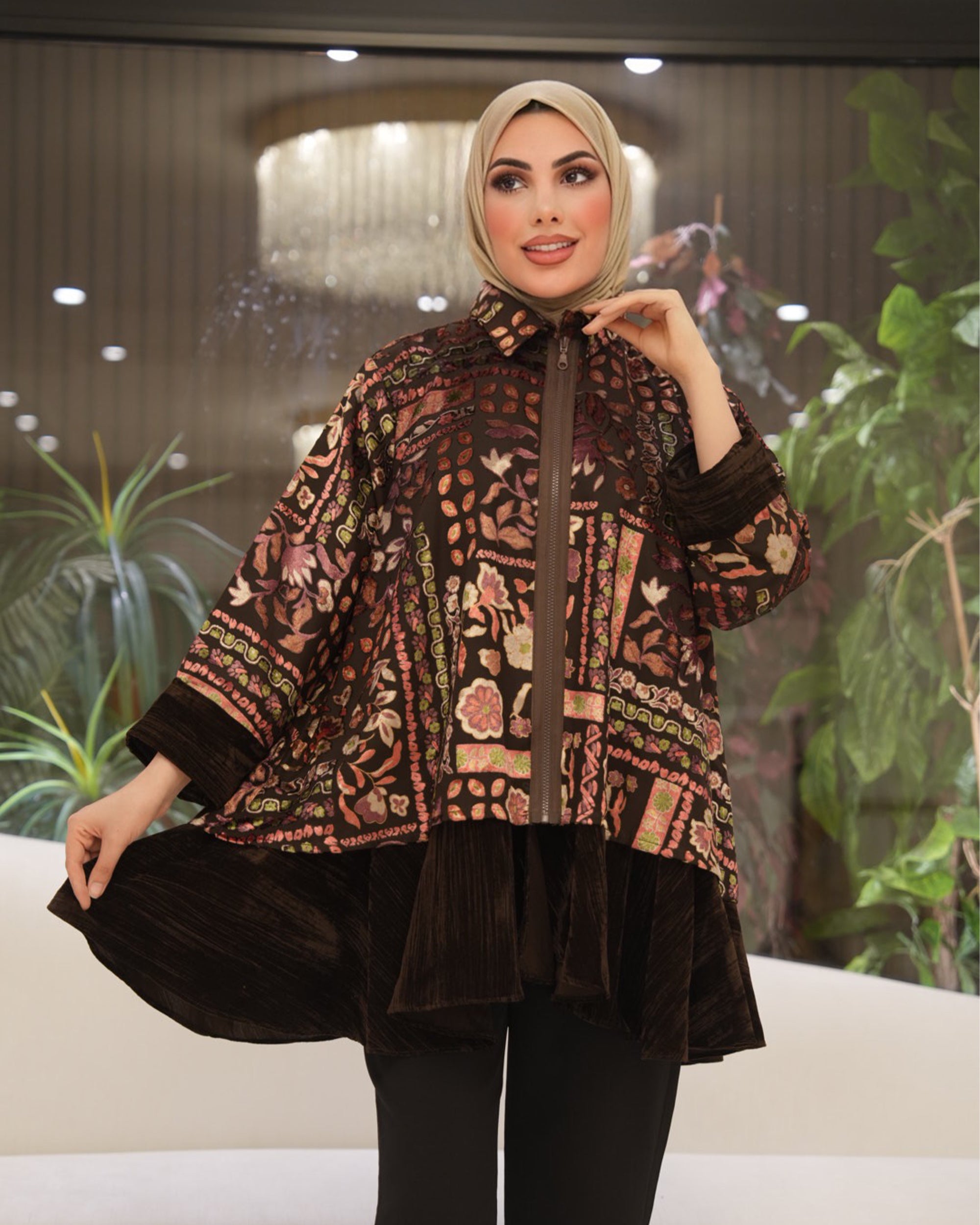 Classic Chiffon Velvet Shirt – Brown Floral