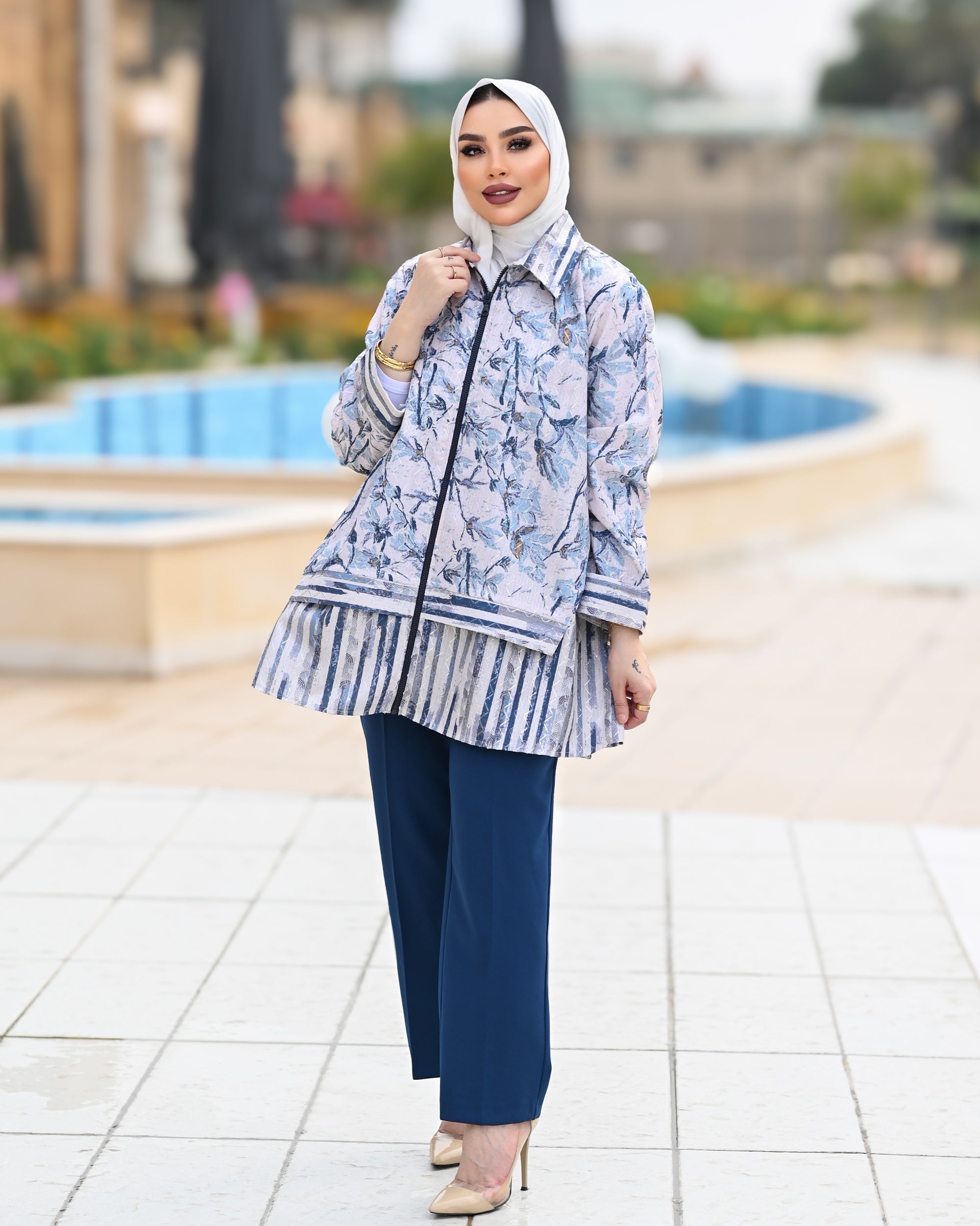 Classic Jacquard Zip Shirt – Blue Grey