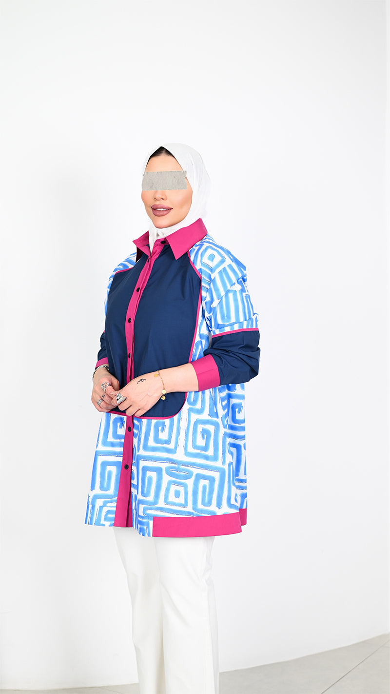 Geometric Poplin Shirt – Blue & Pink