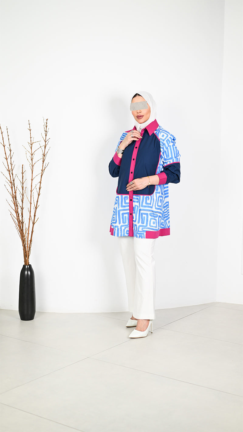 Geometric Poplin Shirt – Blue & Pink