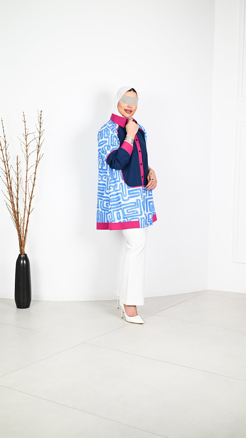 Geometric Poplin Shirt – Blue & Pink