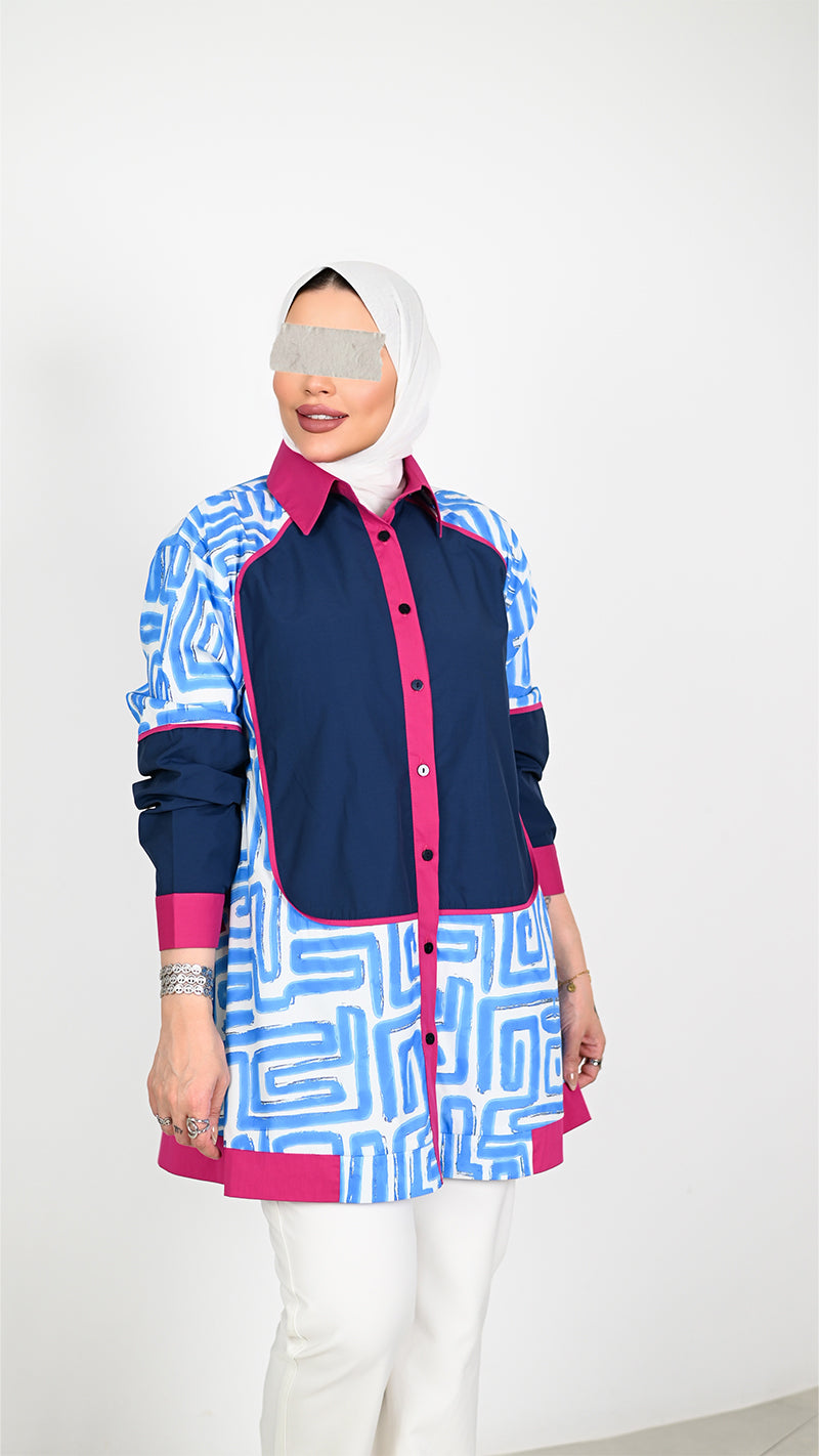 Geometric Poplin Shirt – Blue & Pink