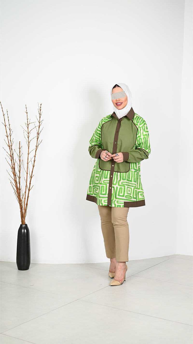 Geometric Poplin Shirt – Green & Brown