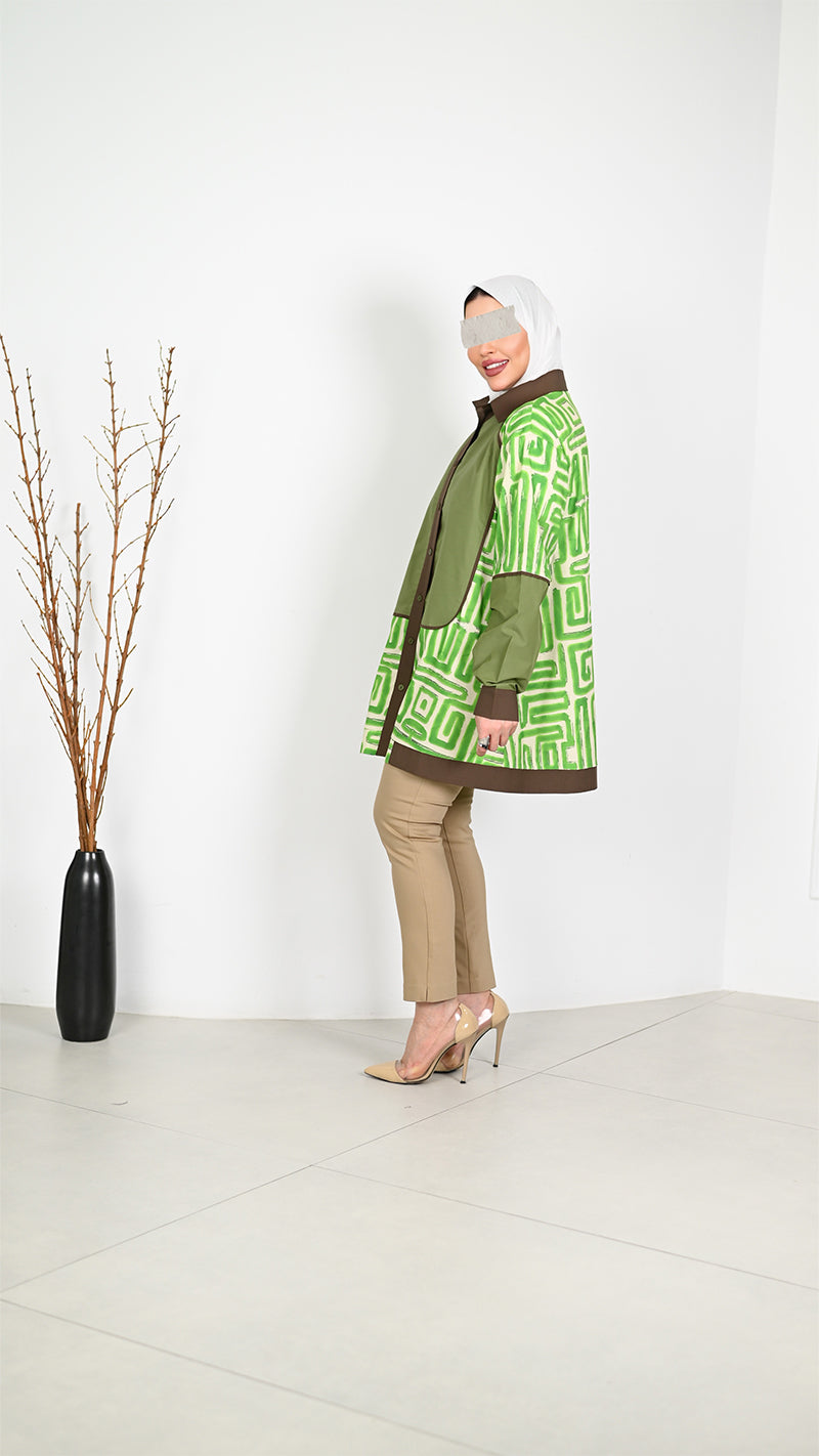 Geometric Poplin Shirt – Green & Brown