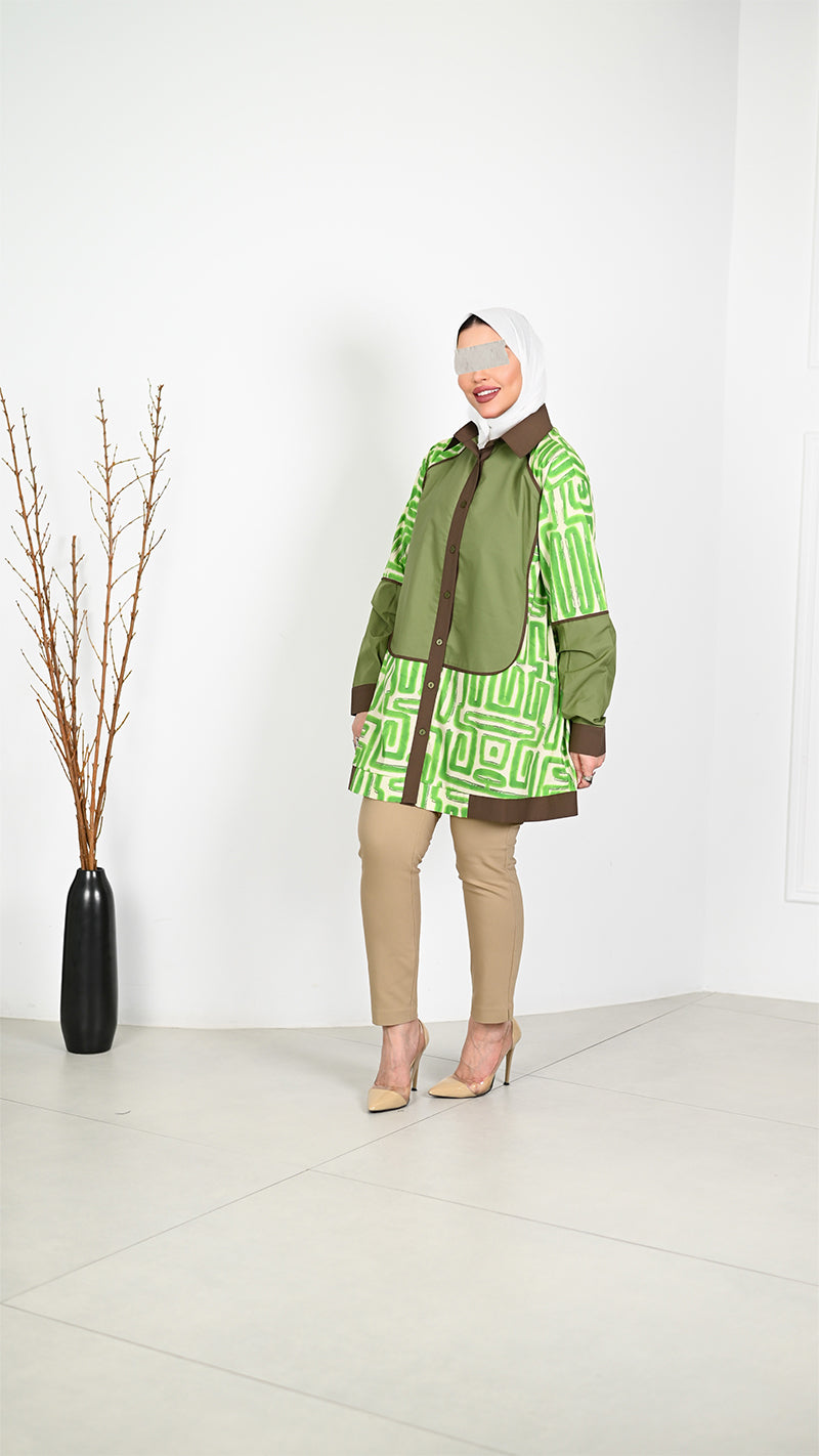 Geometric Poplin Shirt – Green & Brown