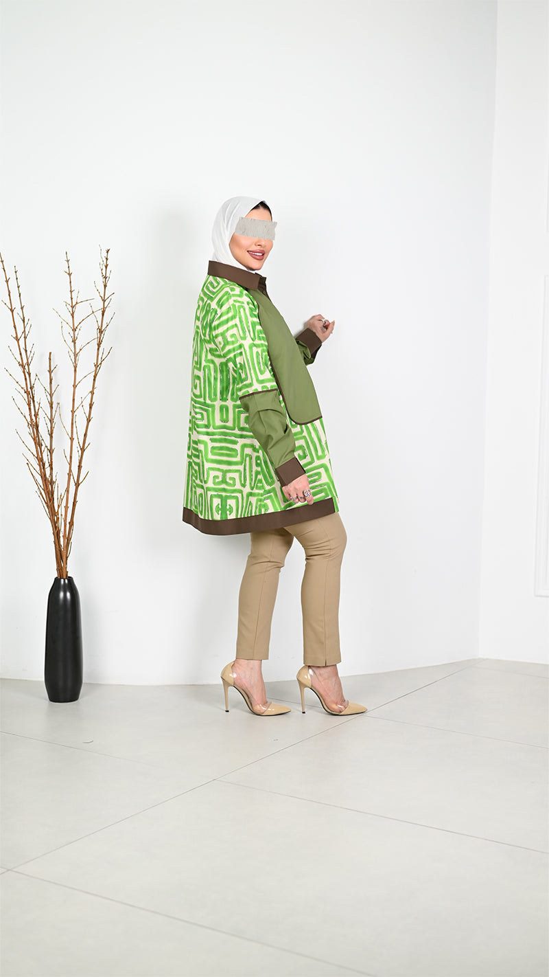 Geometric Poplin Shirt – Green & Brown