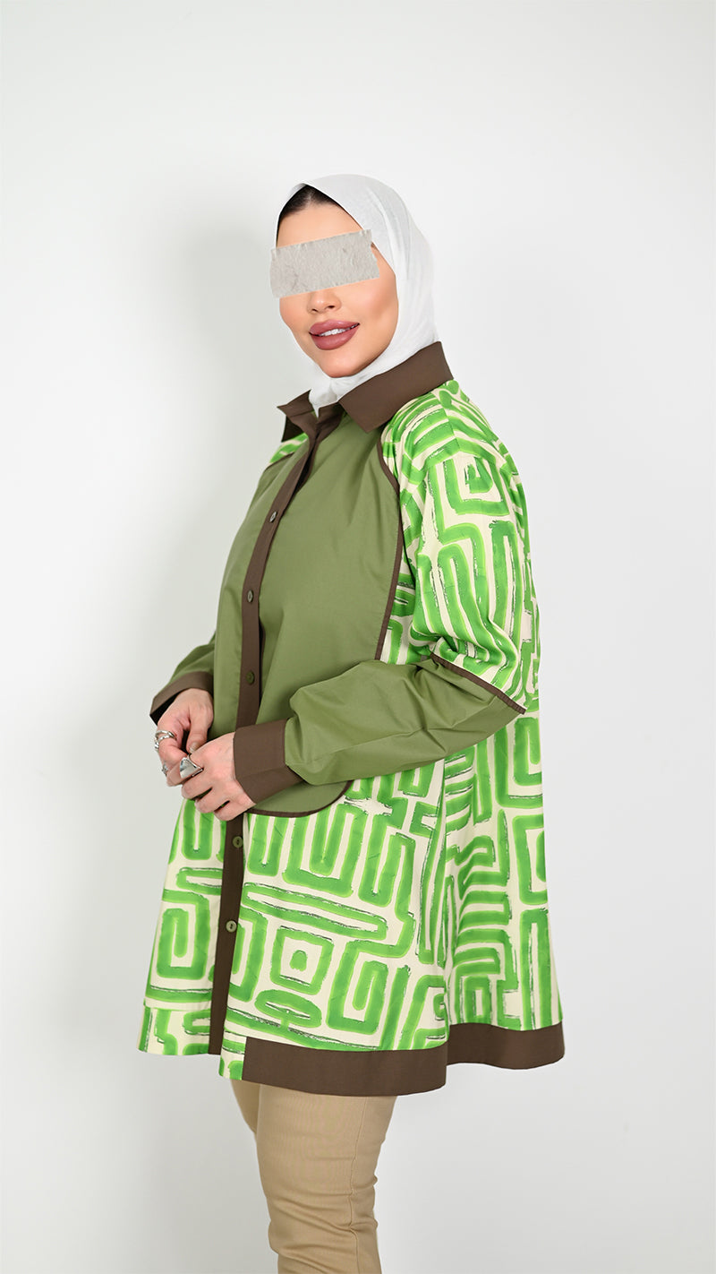 Geometric Poplin Shirt – Green & Brown