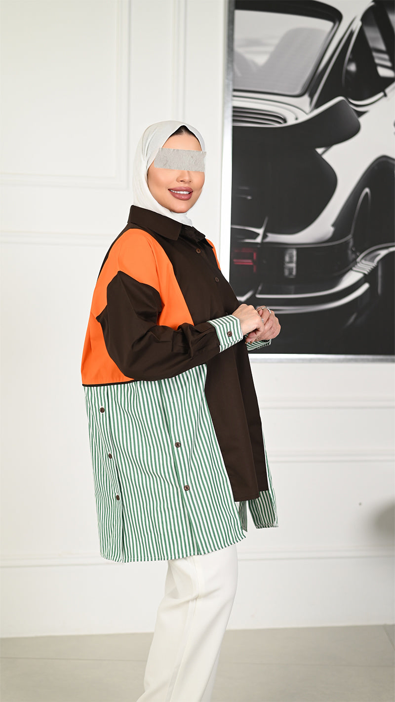 Colorblock Poplin Overshirt – Brown Mix