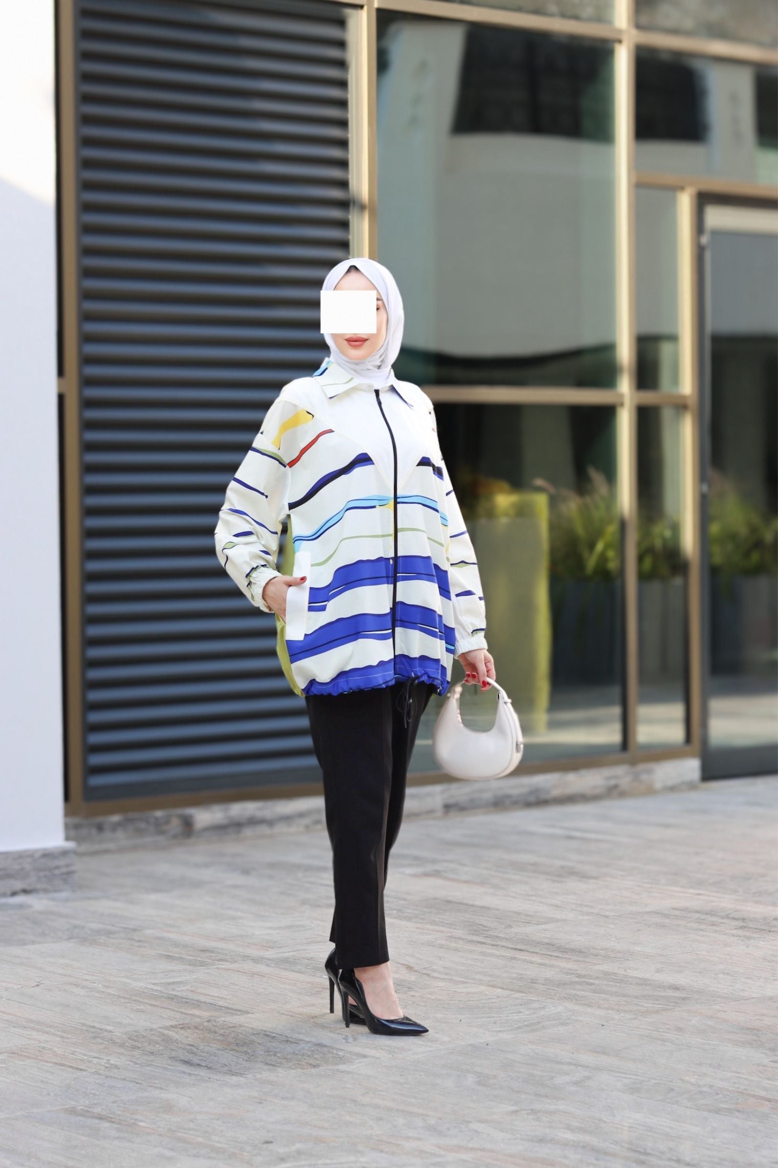 Striped Poplin Zip-Up