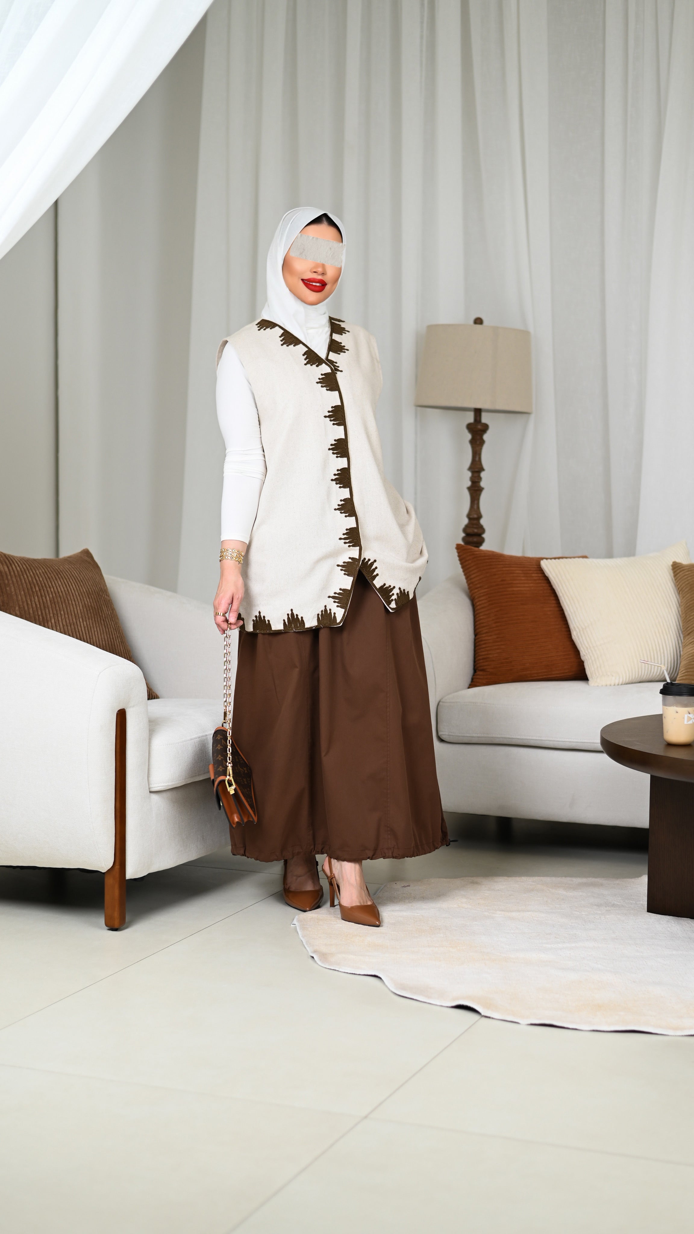 Beige Linen Embroidered Vest