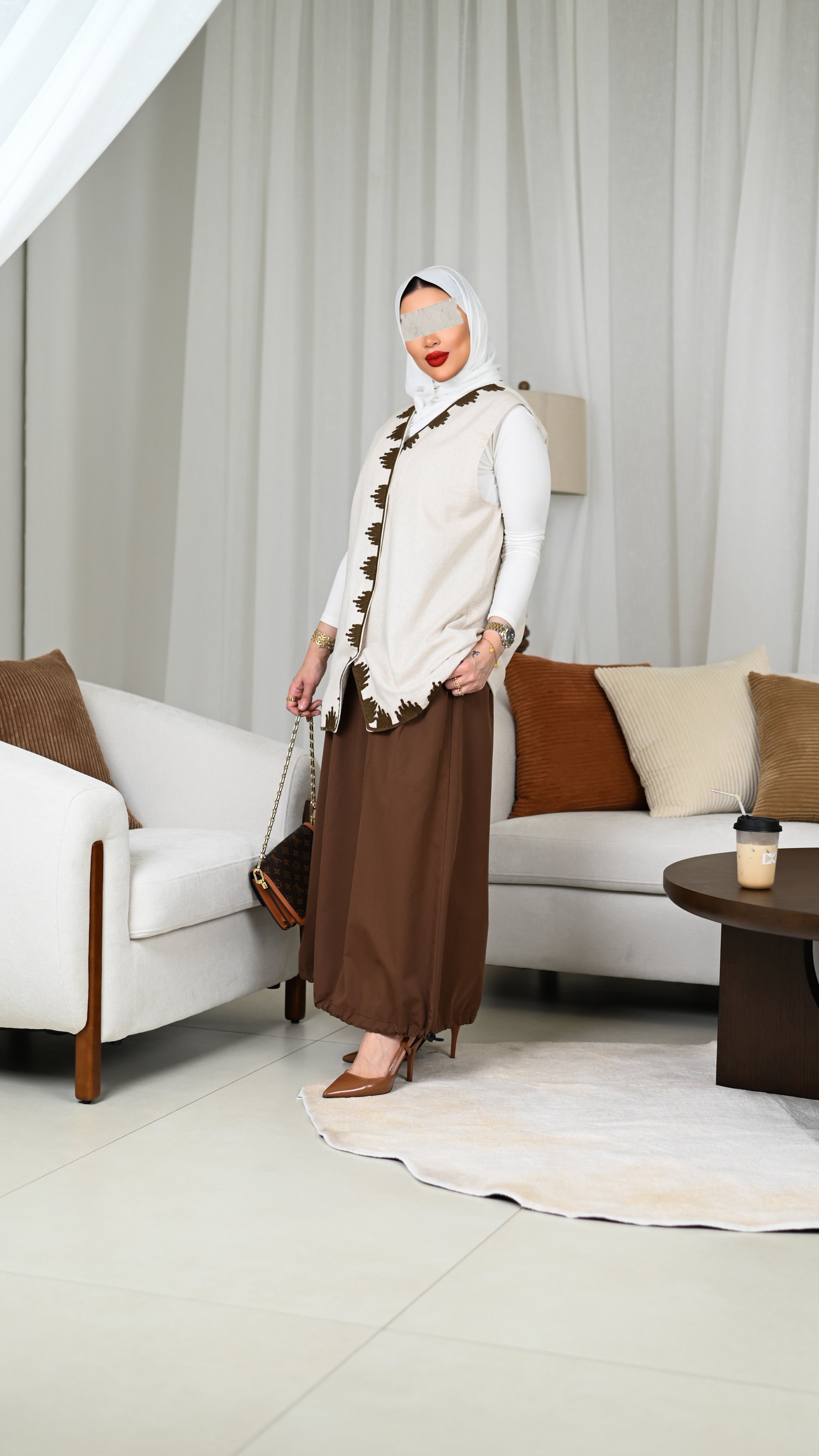 Beige Linen Embroidered Vest
