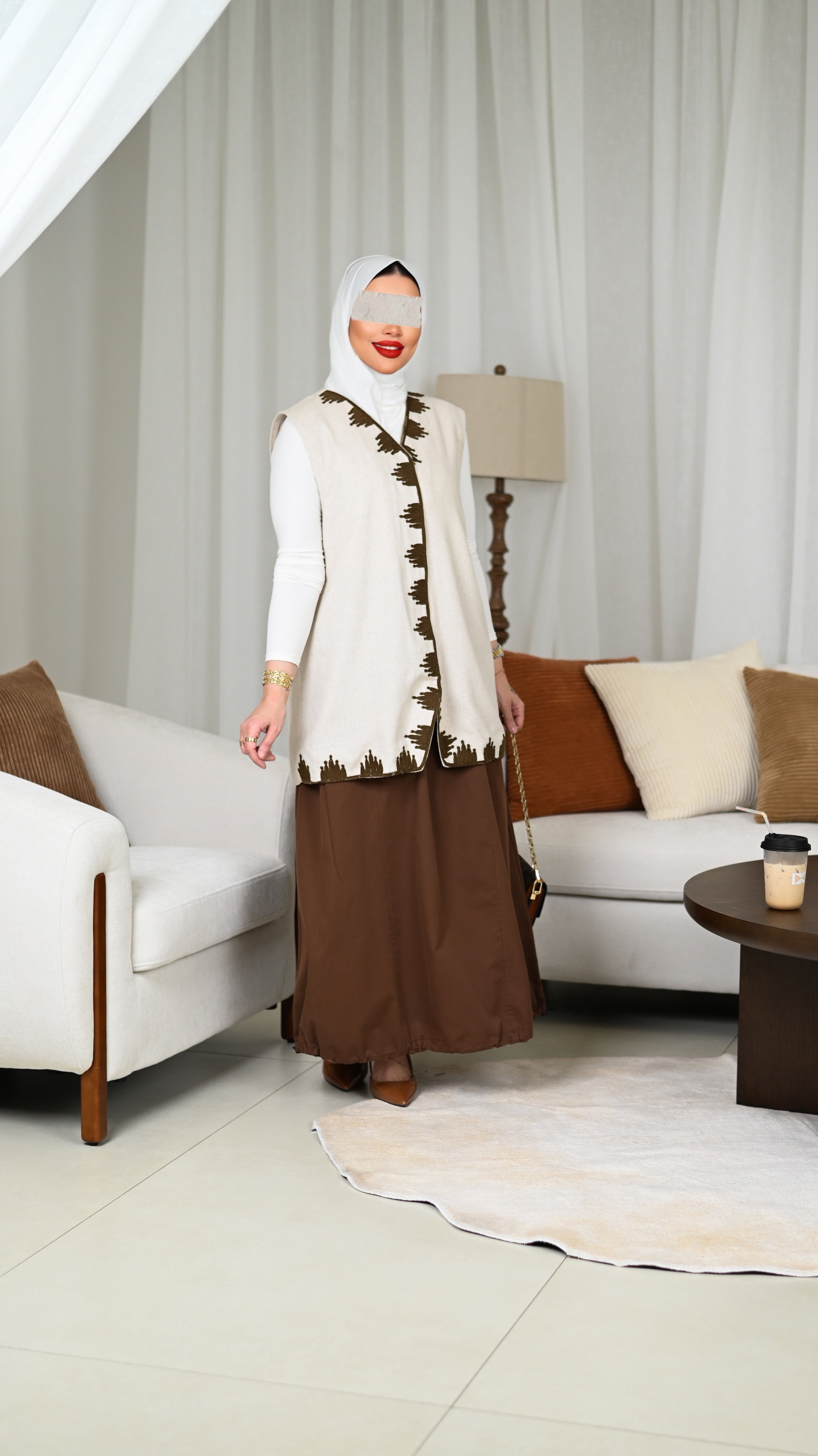 Beige Linen Embroidered Vest
