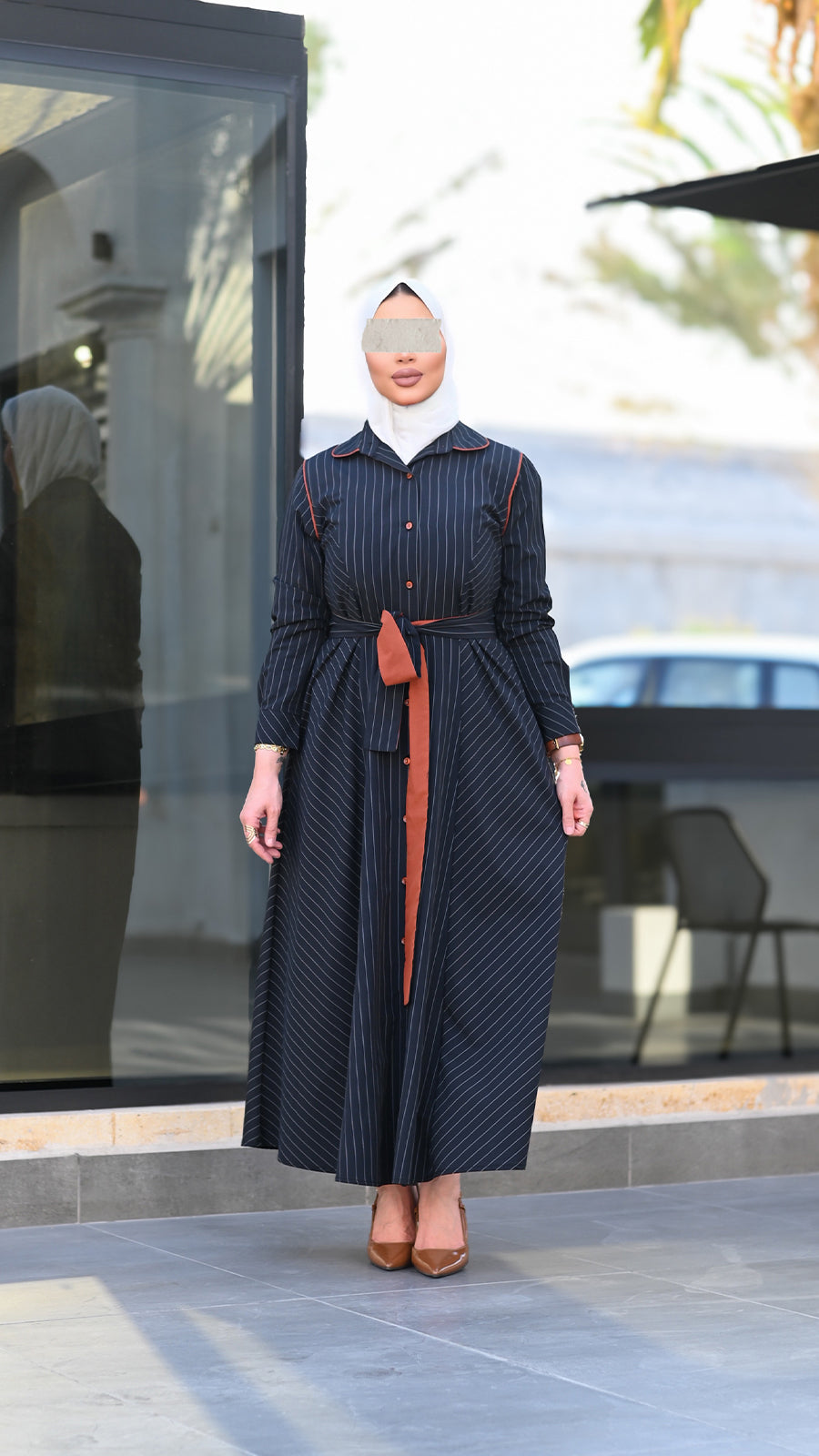 Striped Belted Poplin Navy Long Shirt