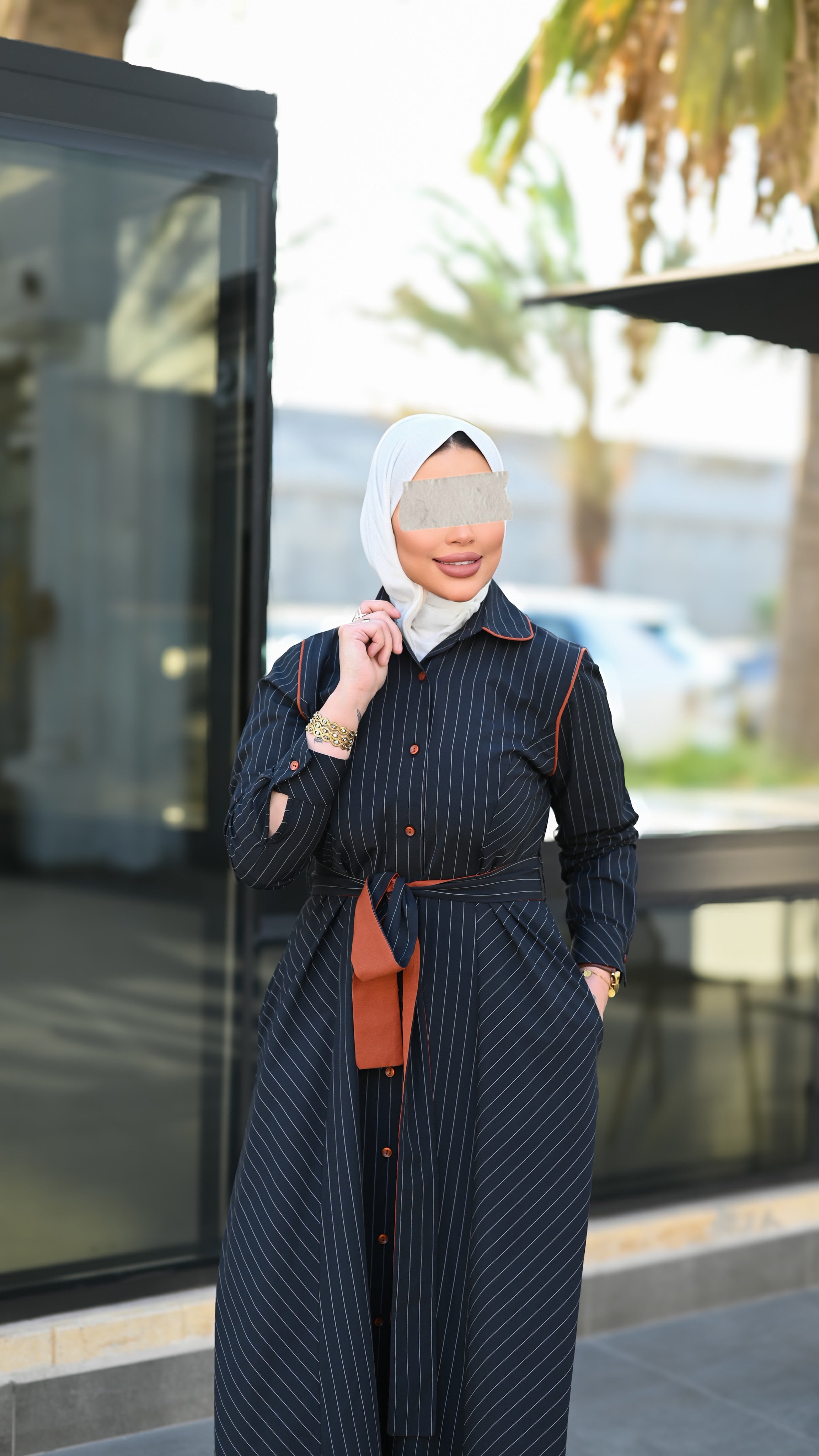 Striped Belted Poplin Navy Long Shirt