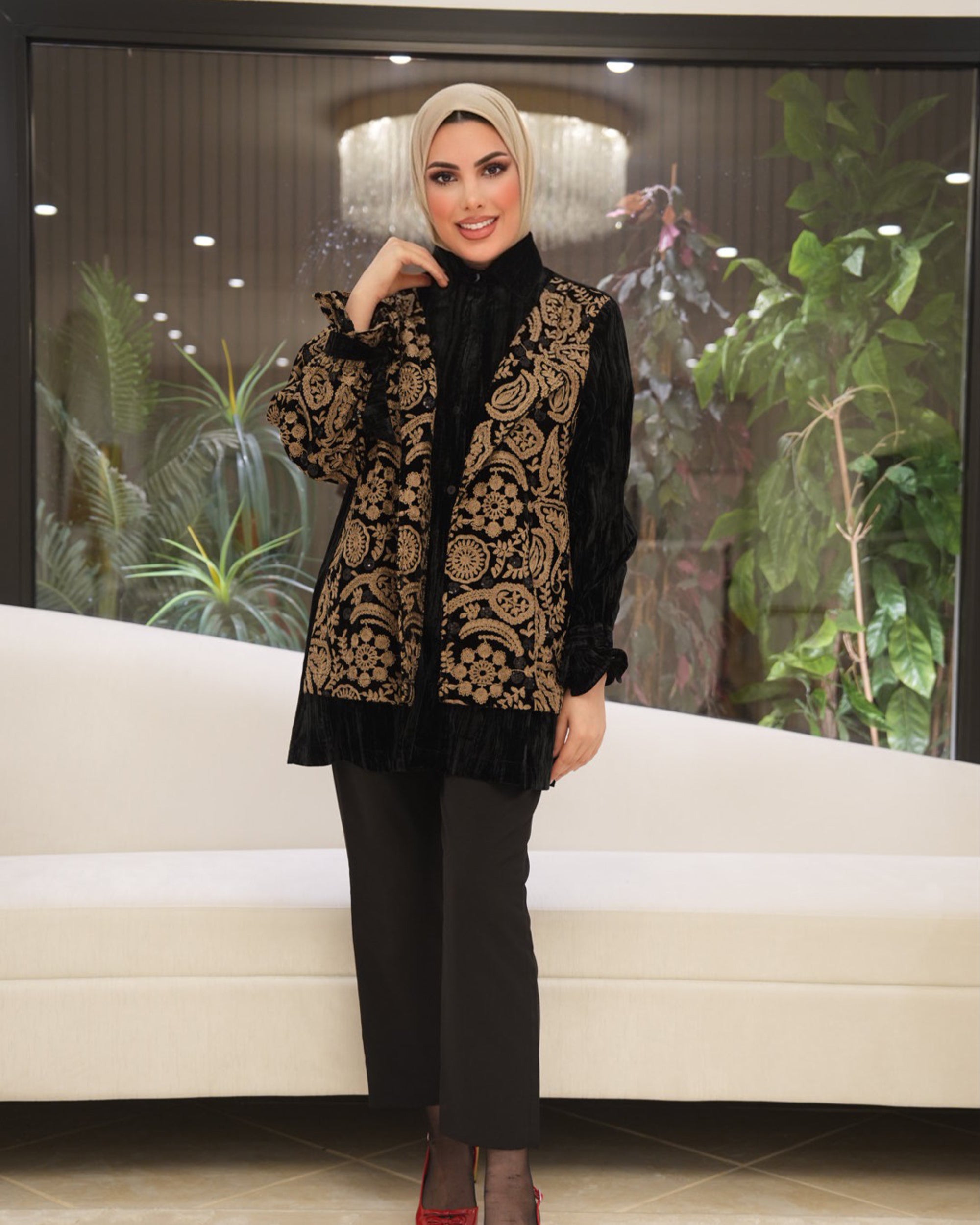 Embroidered Velvet Shirt – Black & Gold