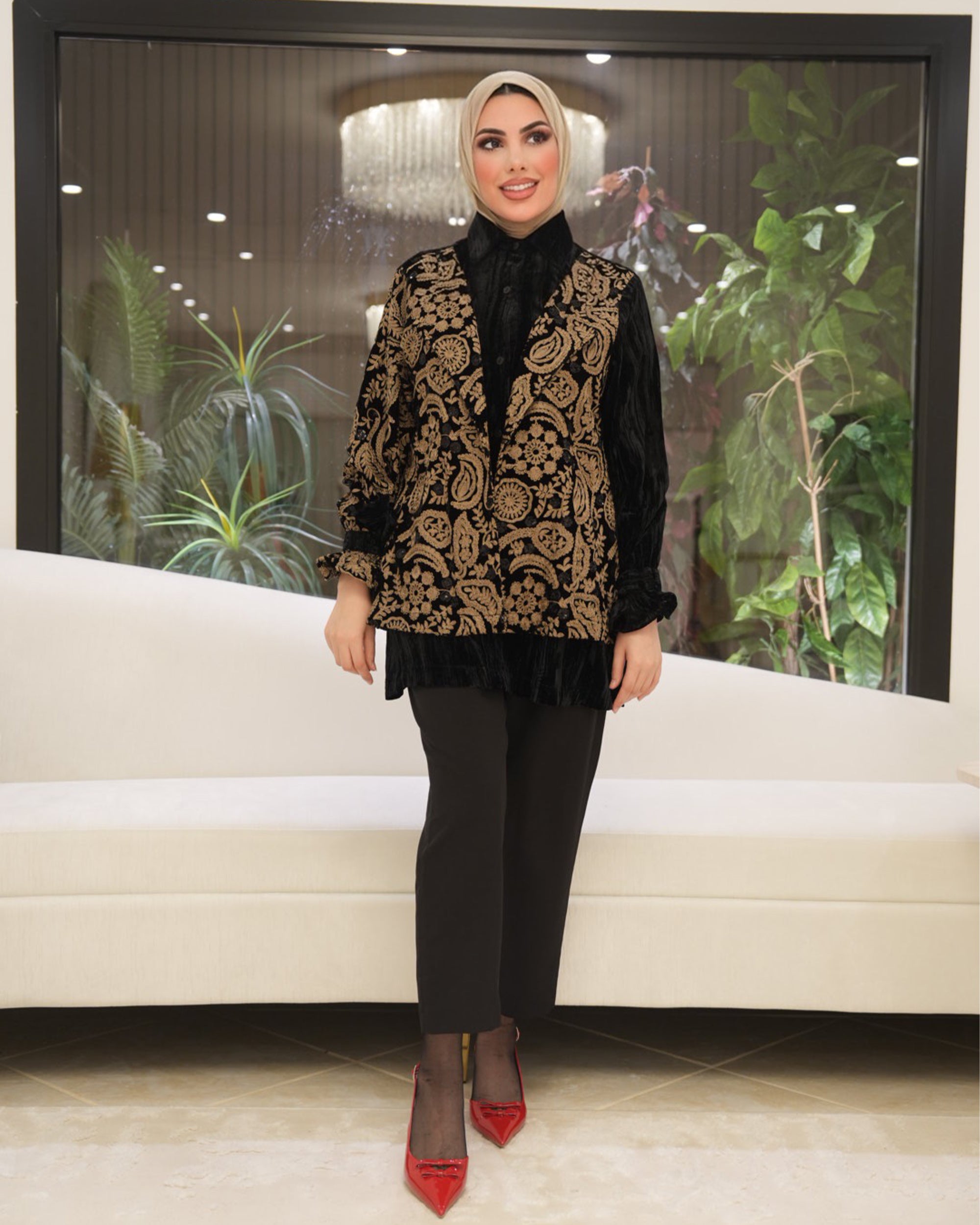 Embroidered Velvet Shirt – Black & Gold
