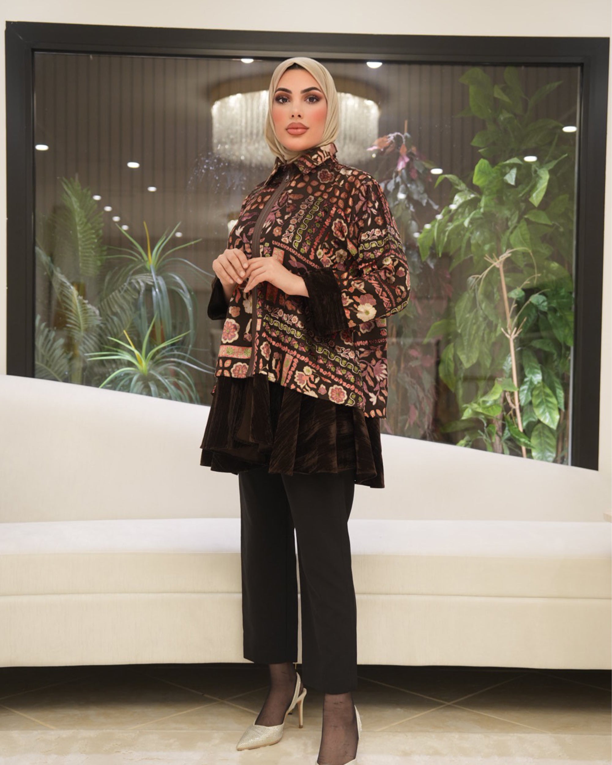 Classic Chiffon Velvet Shirt – Brown Floral