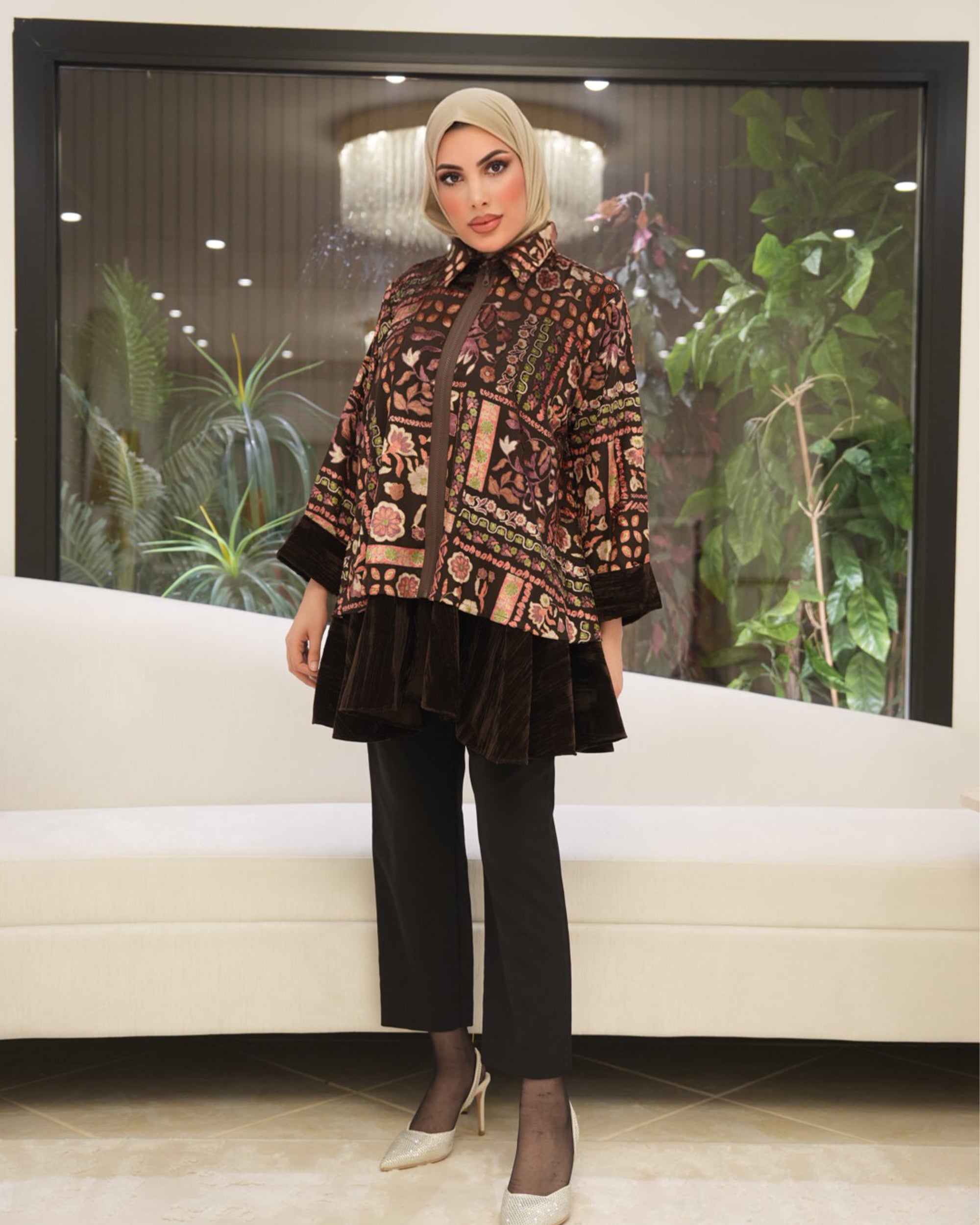 Classic Chiffon Velvet Shirt – Brown Floral