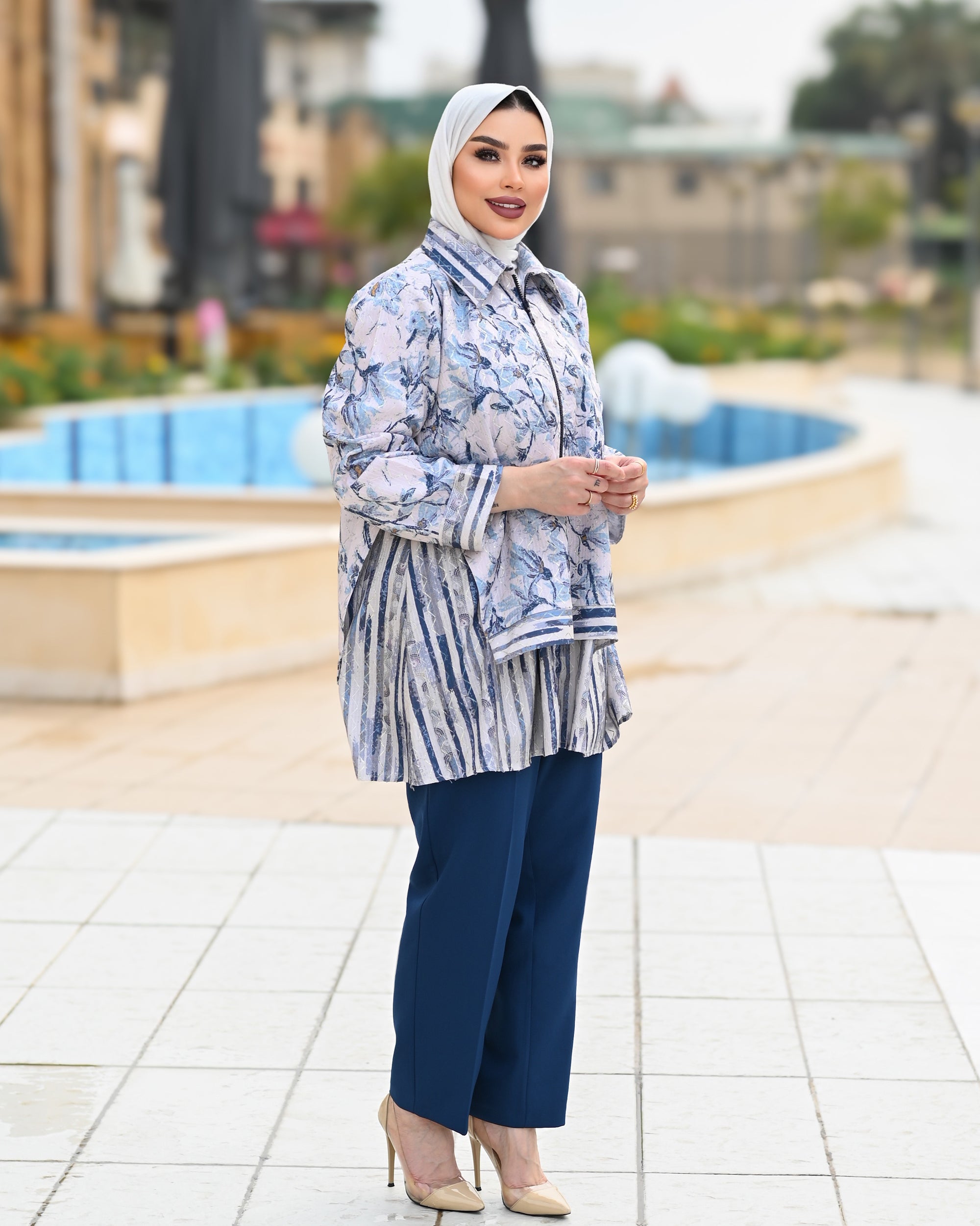 Classic Jacquard Zip Shirt – Blue Grey