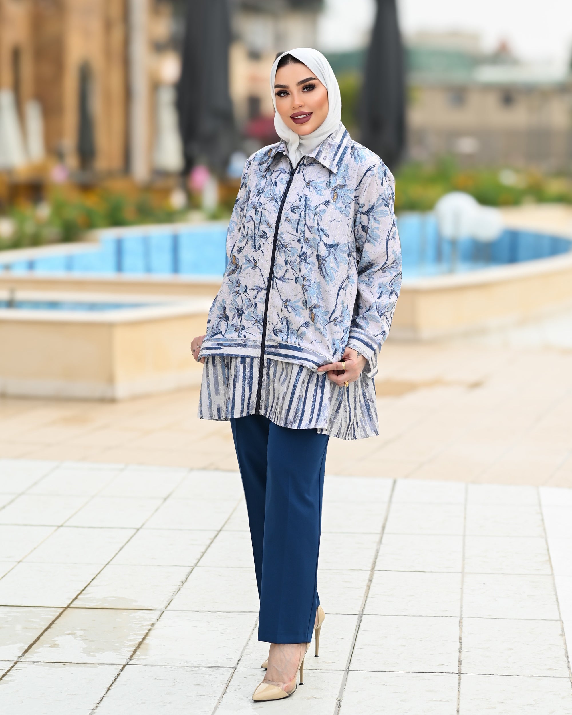 Classic Jacquard Zip Shirt – Blue Grey