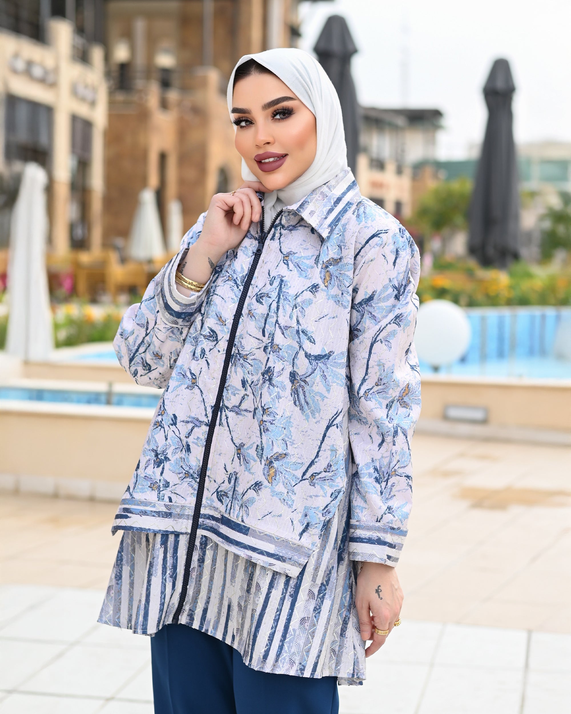 Classic Jacquard Zip Shirt – Blue Grey