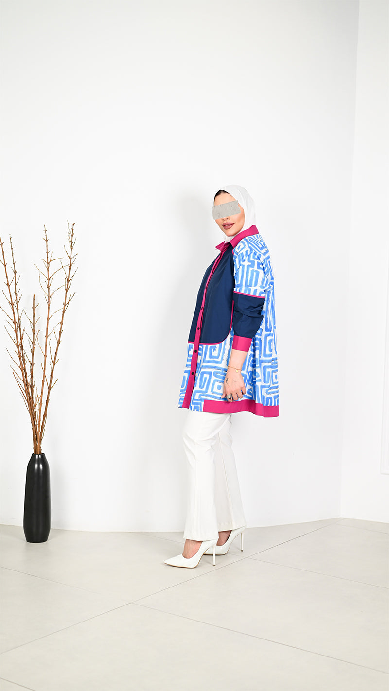 Geometric Poplin Shirt – Blue & Pink
