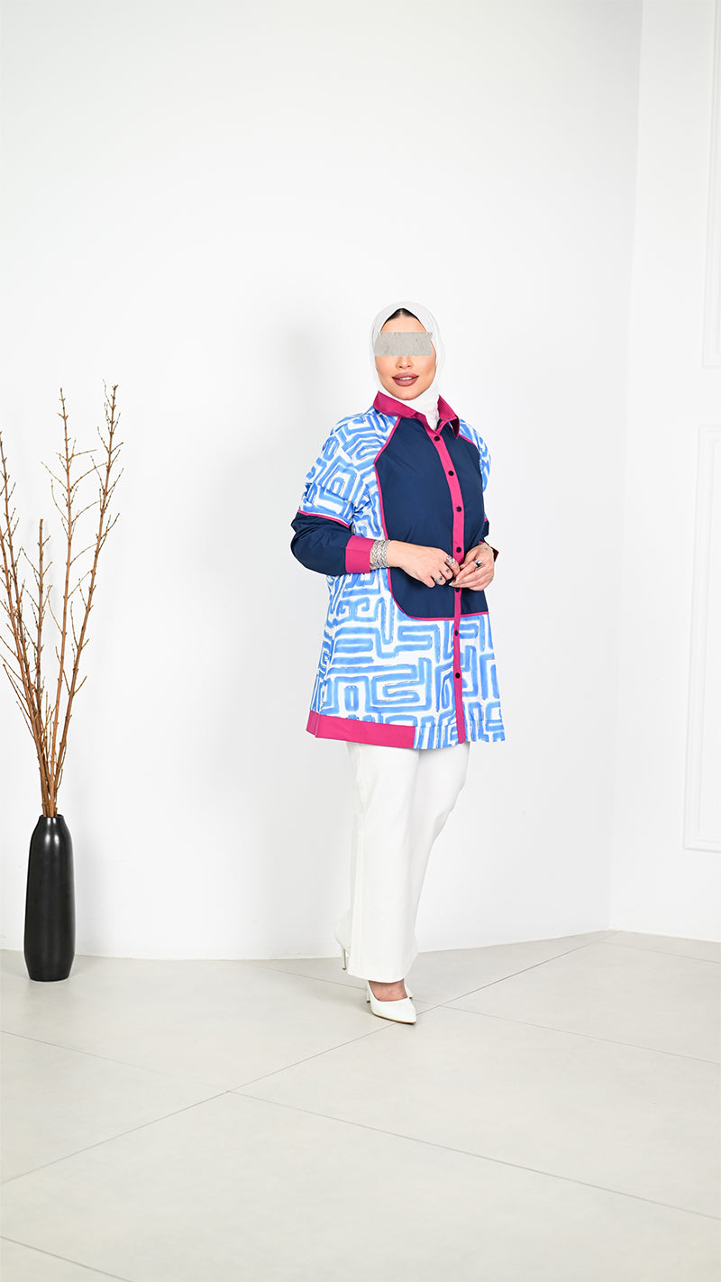 Geometric Poplin Shirt – Blue & Pink