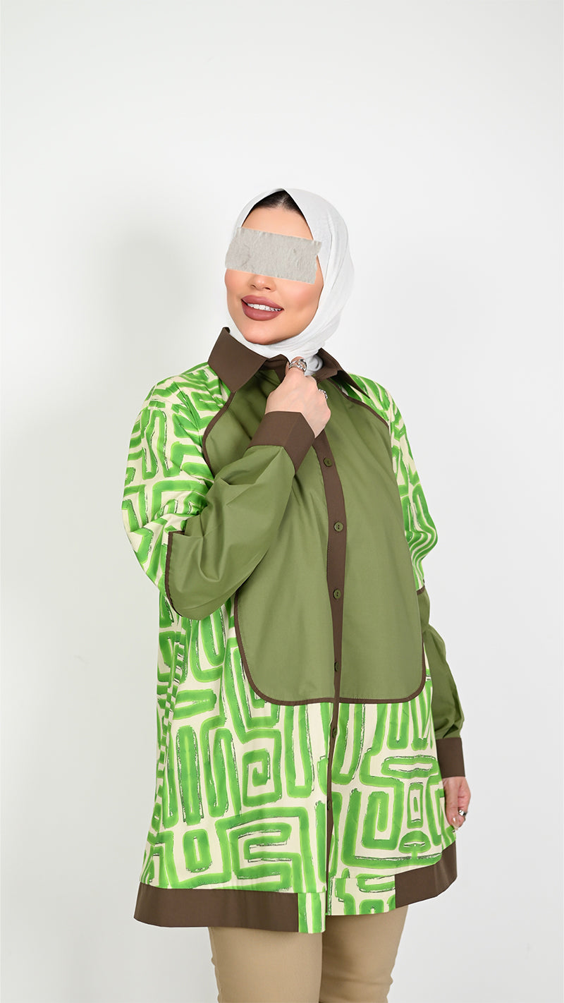 Geometric Poplin Shirt – Green & Brown
